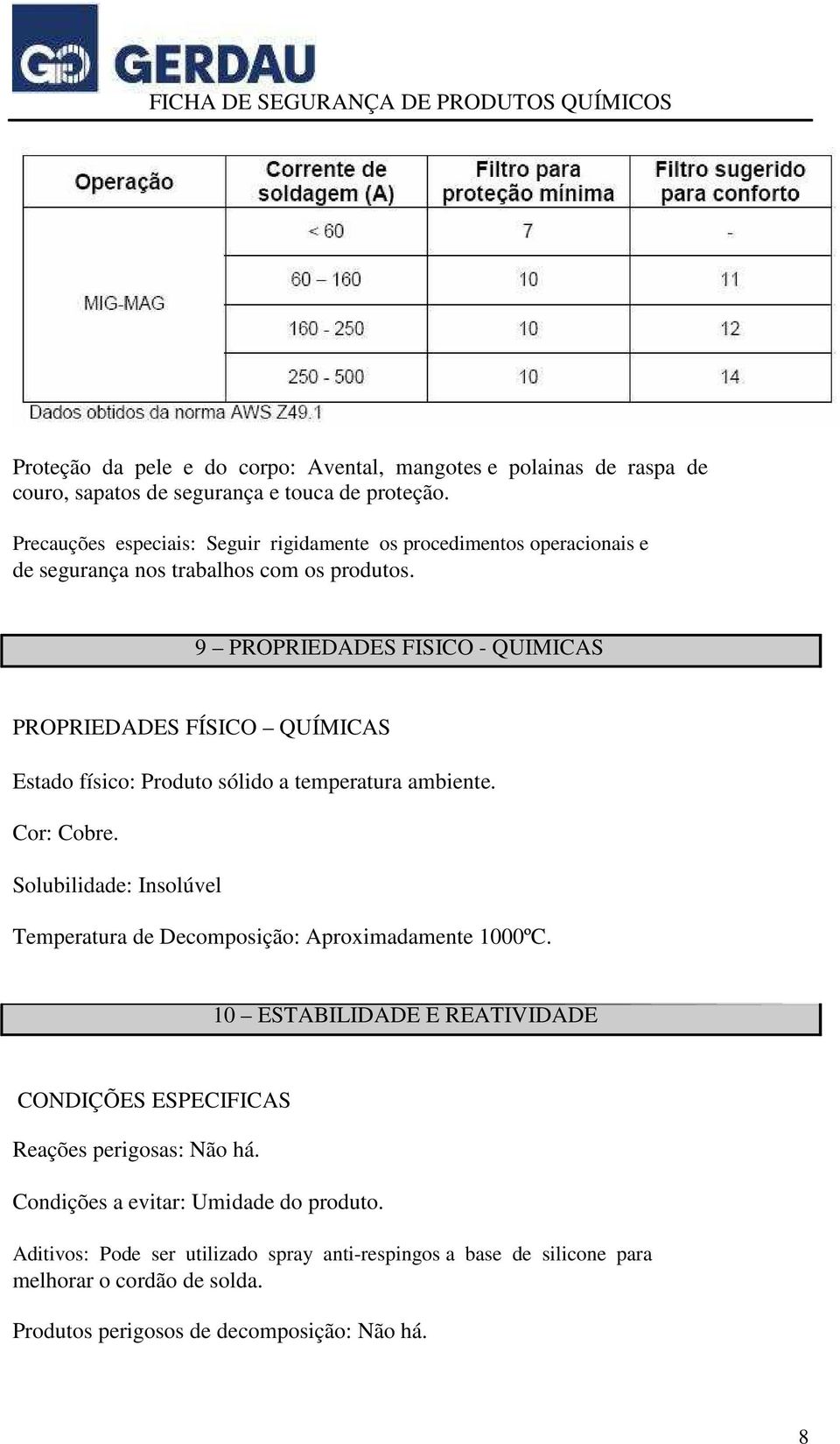 9 PROPRIEDADES FISICO - QUIMICAS PROPRIEDADES FÍSICO QUÍMICAS Estado físico: Produto sólido a temperatura ambiente. Cor: Cobre.