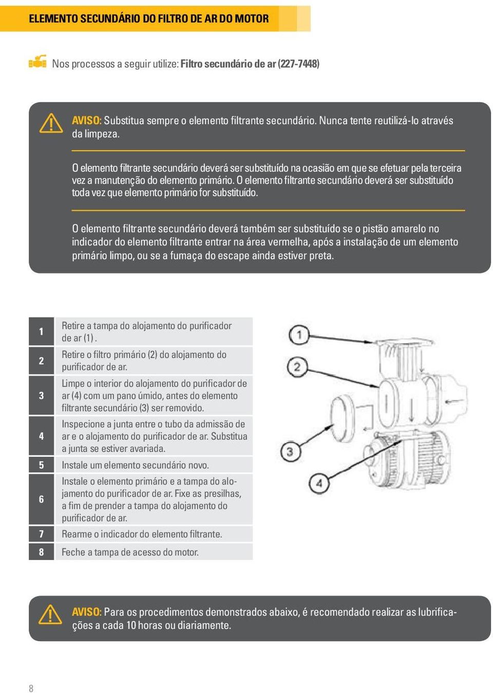 O elemento filtrante secundário deverá ser substituído toda vez que elemento primário for substituído.