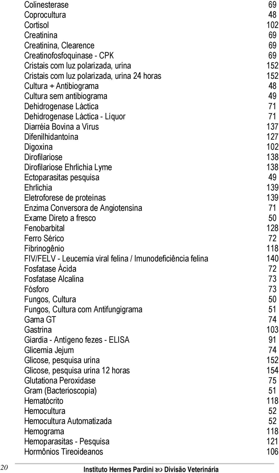 Dirofilariose Ehrlichia Lyme 138 Ectoparasitas pesquisa 49 Ehrlichia 139 Eletroforese de proteínas 139 Enzima Conversora de Angiotensina 71 Exame Direto a fresco 50 Fenobarbital 128 Ferro Sérico 72