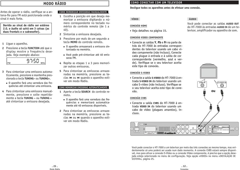 Veja exemplo abaixo: 3 Para sintonizar uma emissora automaticamente, pressione e mantenha pressionada a tecla TUNING ou TUNING+.