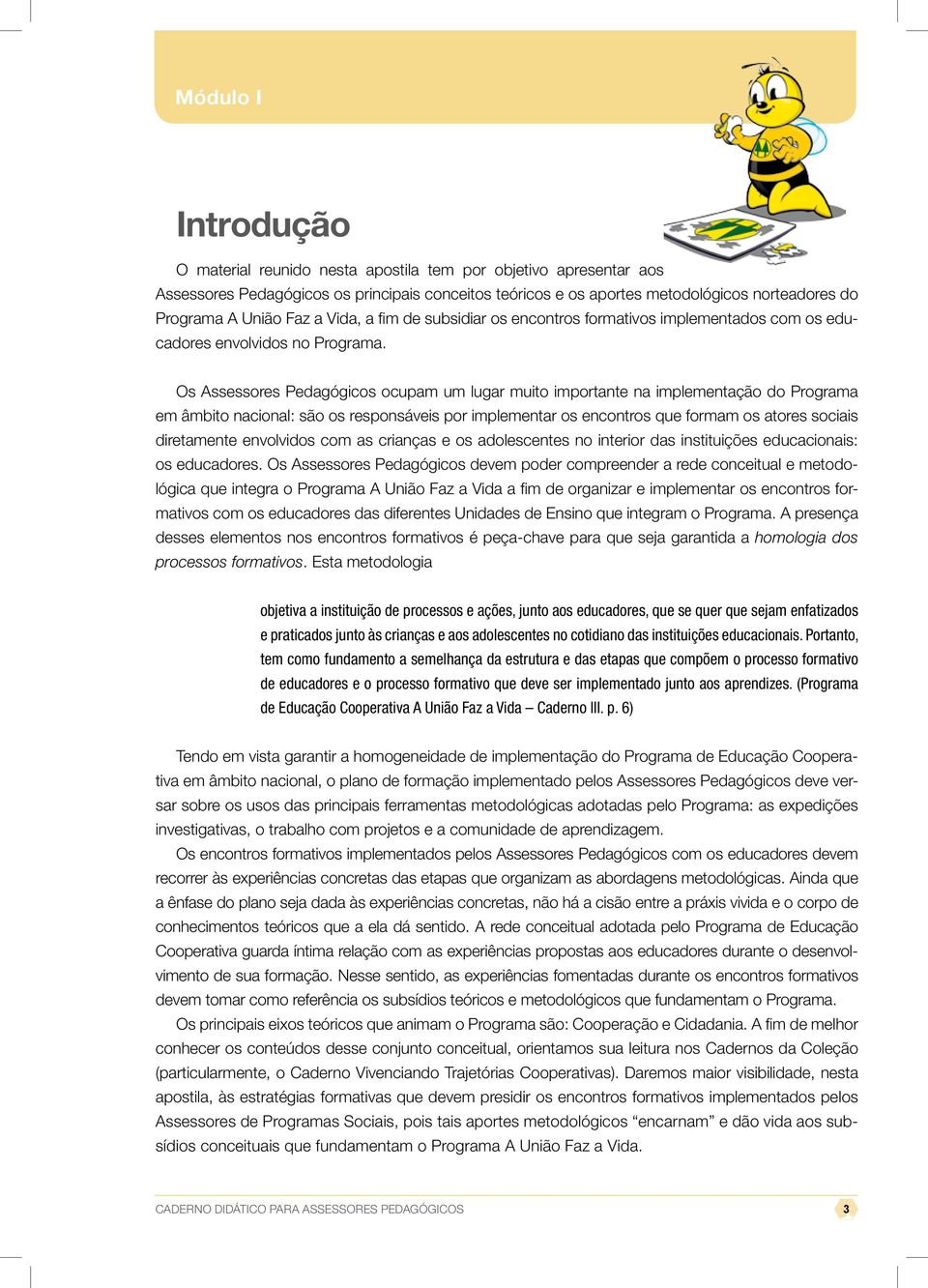 Os Assessores Pedagógicos ocupam um lugar muito importante na implementação do Programa em âmbito nacional: são os responsáveis por implementar os encontros que formam os atores sociais diretamente