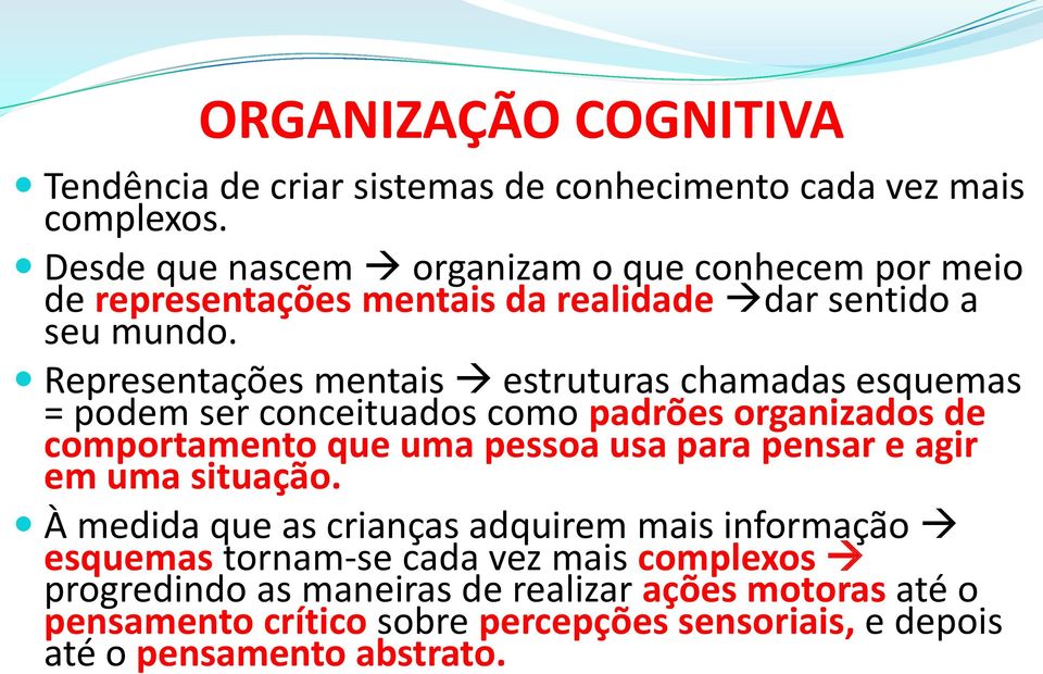 Representações mentais estruturas chamadas esquemas = podem ser conceituados como padrões organizados de comportamento que uma pessoa usa para pensar e