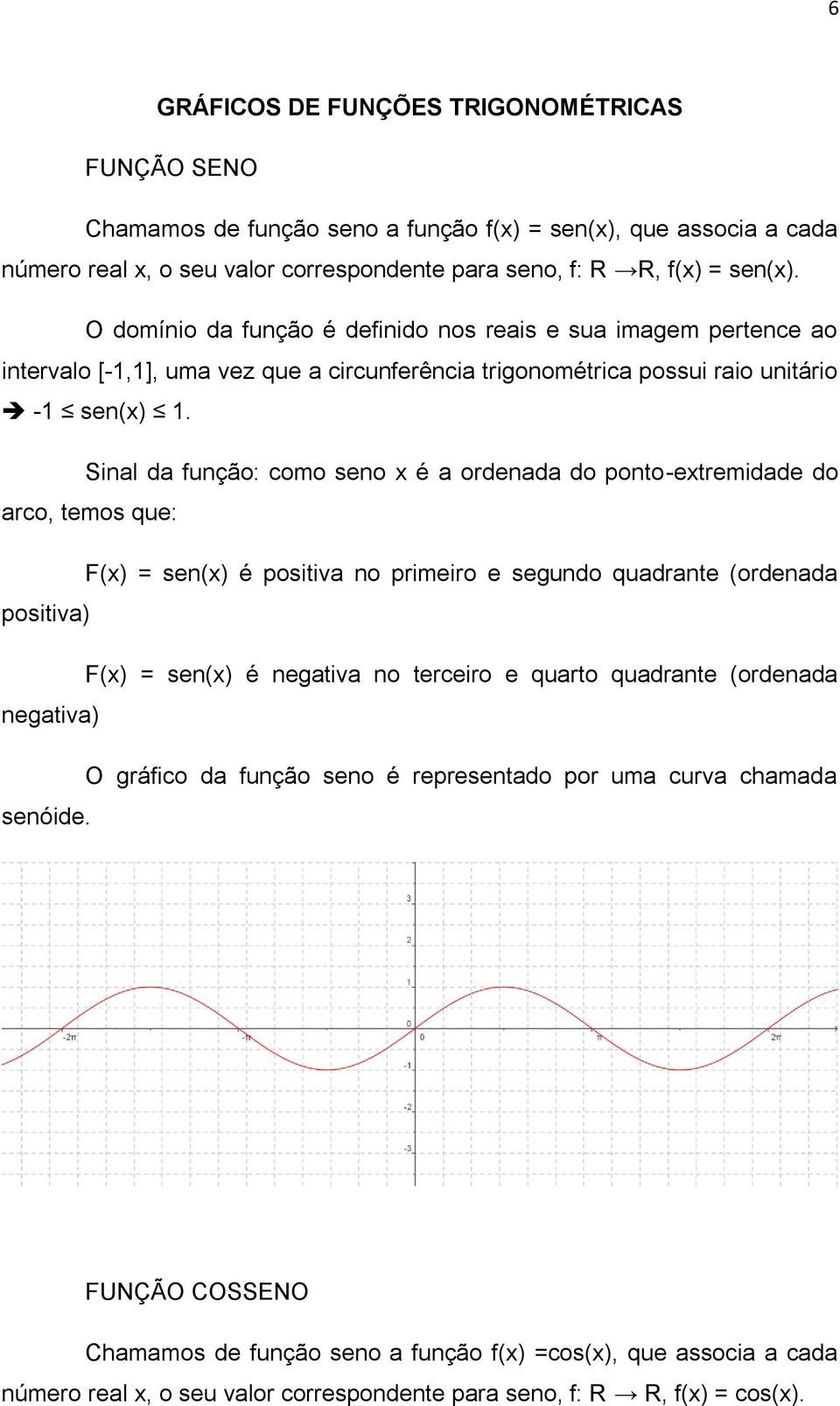 Sinal da função: como seno x é a ordenada do ponto-extremidade do arco, temos que: F(x) = sen(x) é positiva no primeiro e segundo quadrante (ordenada positiva) F(x) = sen(x) é negativa no terceiro e