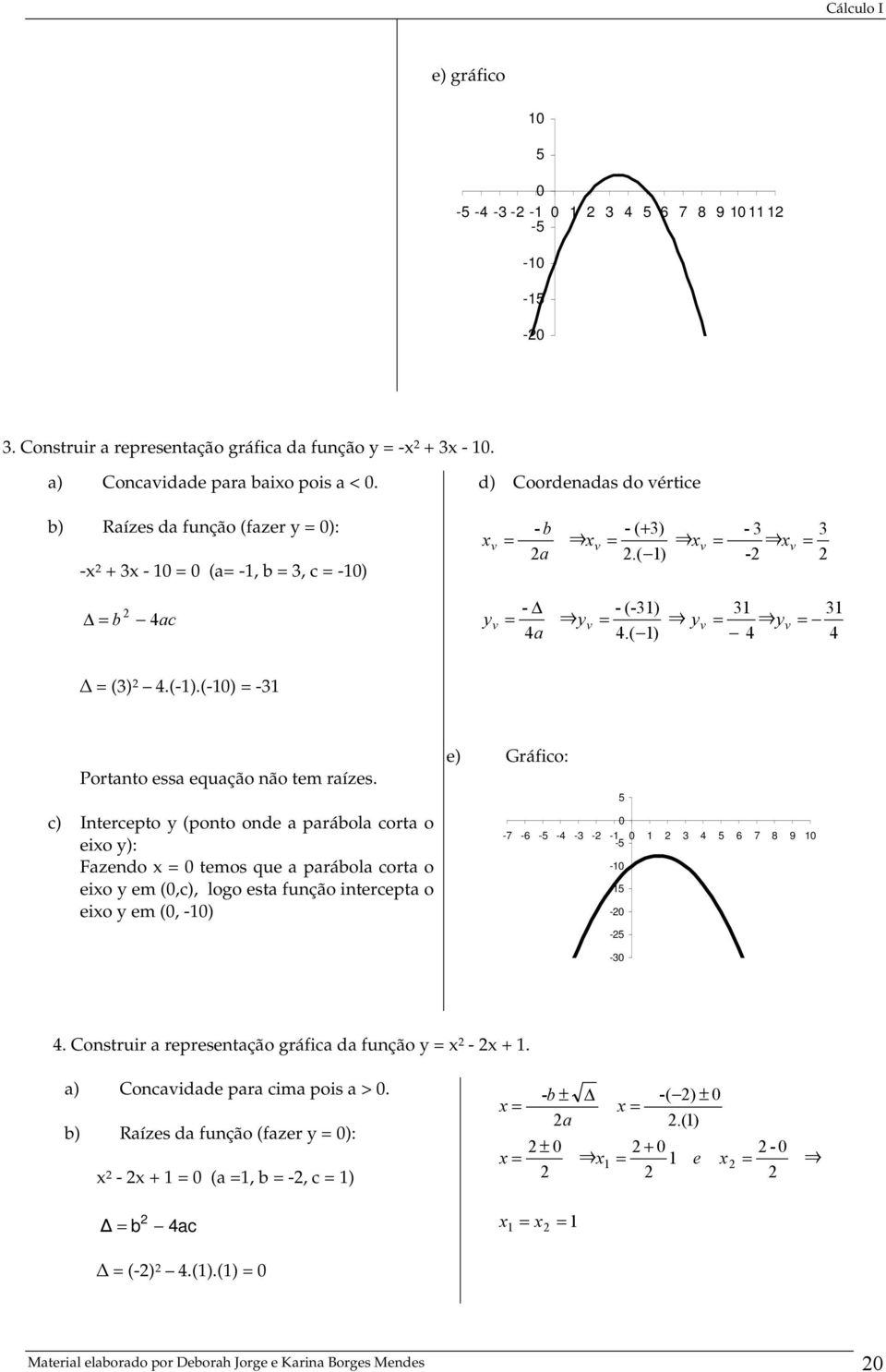 c) Intercepto (ponto onde a parábola corta o eio ): Fazendo temos que a parábola corta o eio em (,c), logo esta função intercepta o eio em (, -) e) Gráfico: 5-7 -6-5 -4 - - - -5 4 5 6 7 8 9