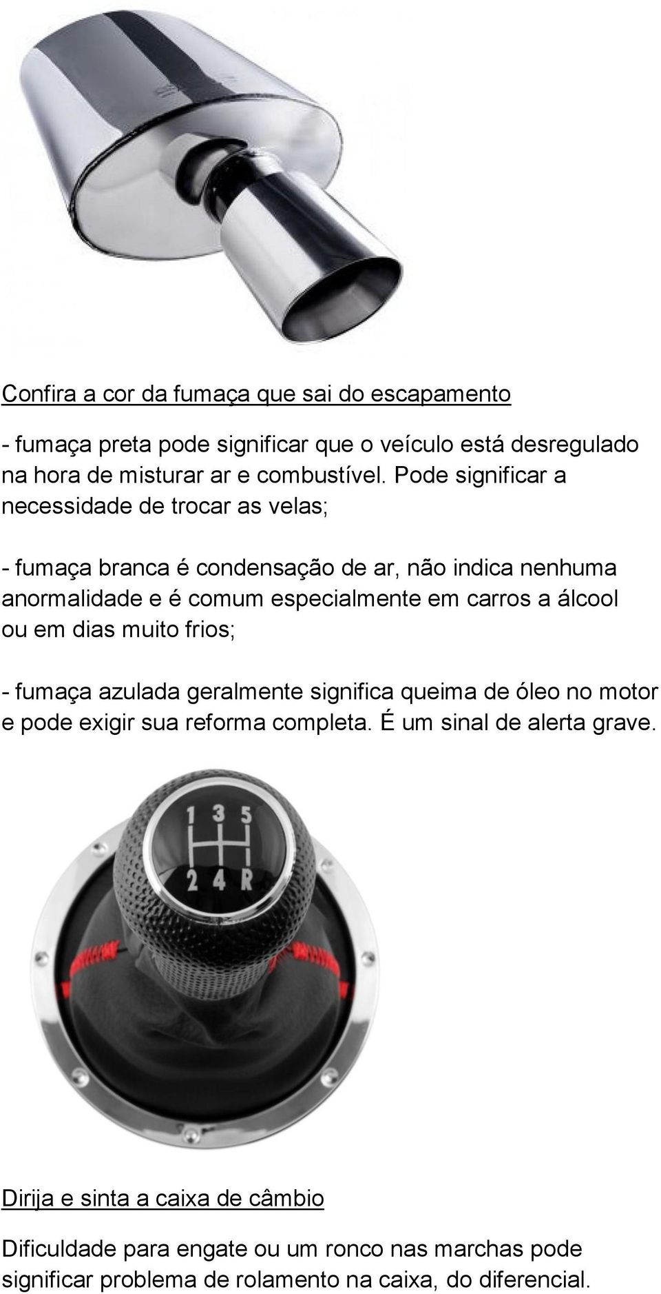 carros a álcool ou em dias muito frios; - fumaça azulada geralmente significa queima de óleo no motor e pode exigir sua reforma completa.