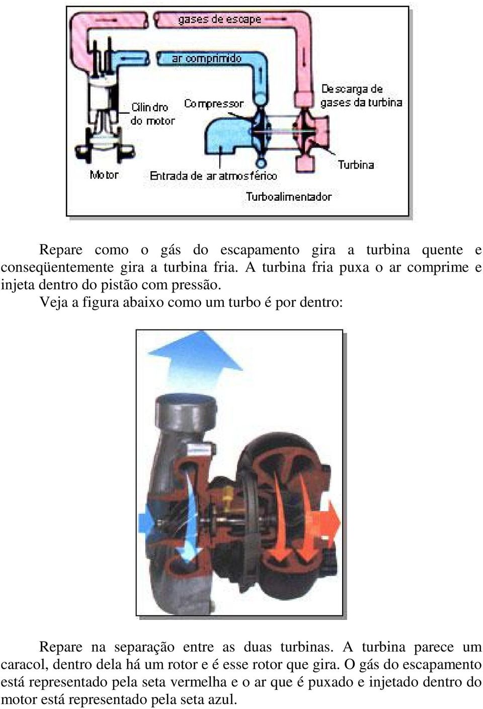 Veja a figura abaixo como um turbo é por dentro: Repare na separação entre as duas turbinas.