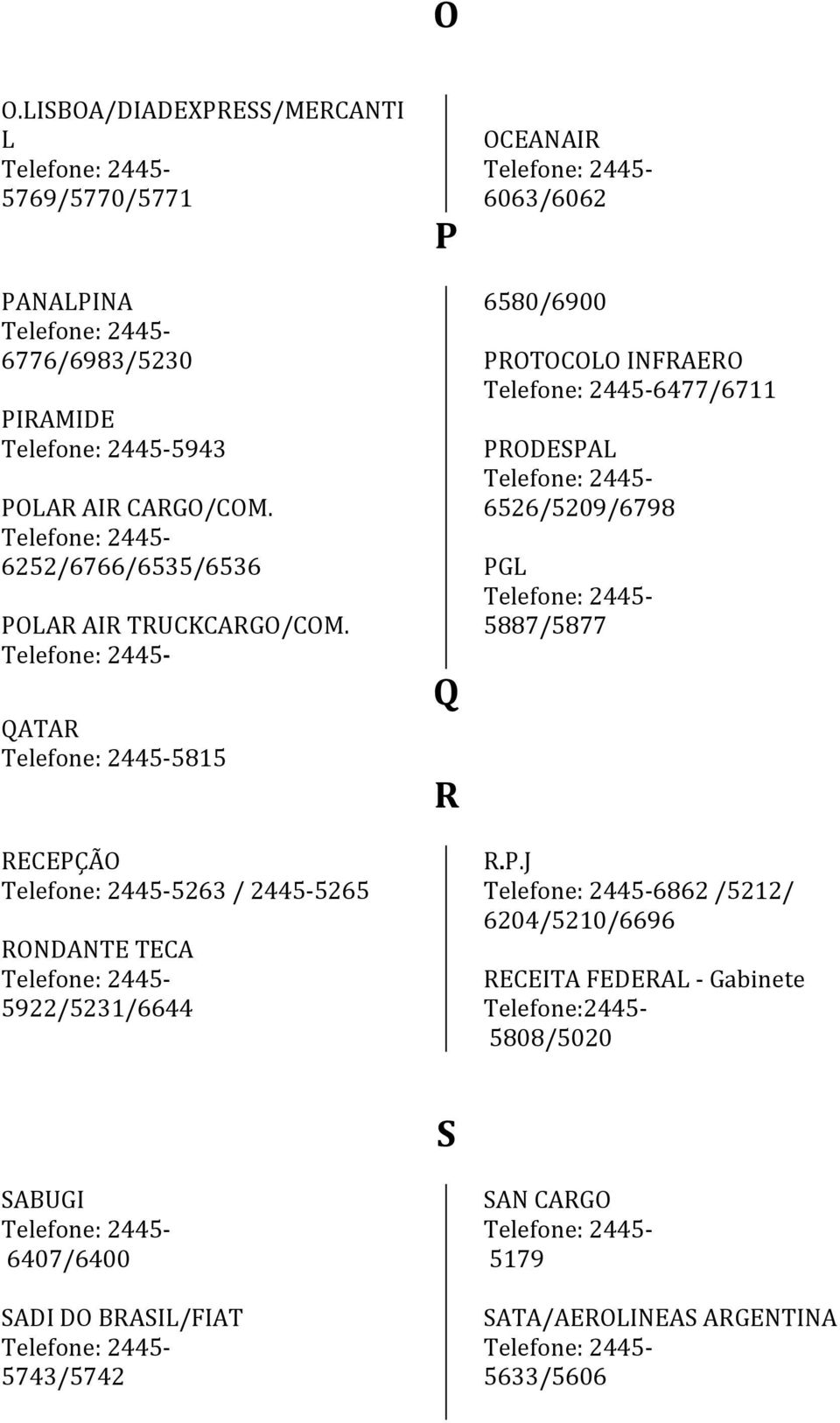 QATAR 5815 RECEPÇÃO 5263 / 2445-5265 RONDANTE TECA 5922/5231/6644 P Q R OCEANAIR 6063/6062 6580/6900 PROTOCOLO INFRAERO