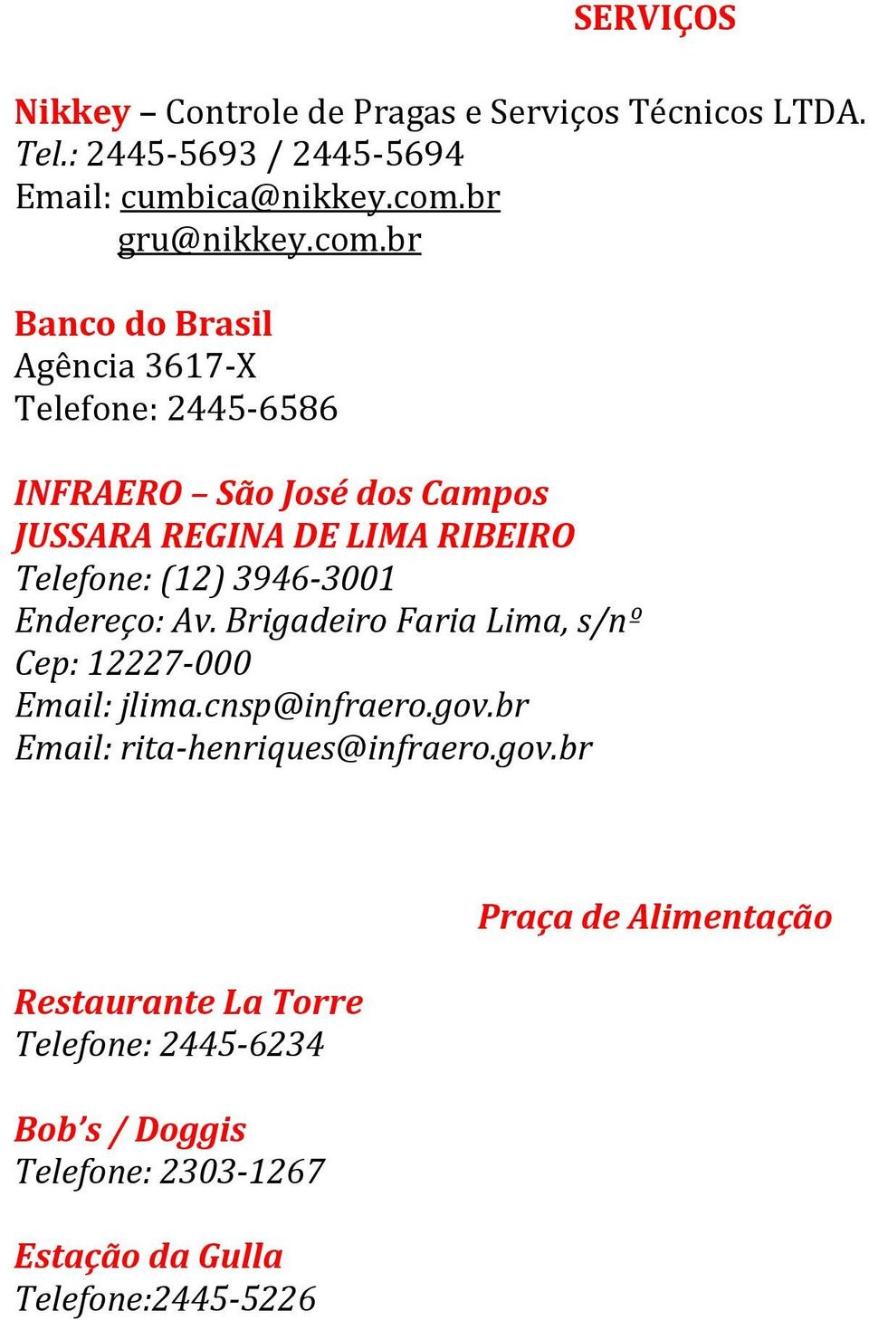 br Banco do Brasil Agência 3617-X 6586 INFRAERO São José dos Campos JUSSARA REGINA DE LIMA RIBEIRO Telefone: (12) 3946-3001