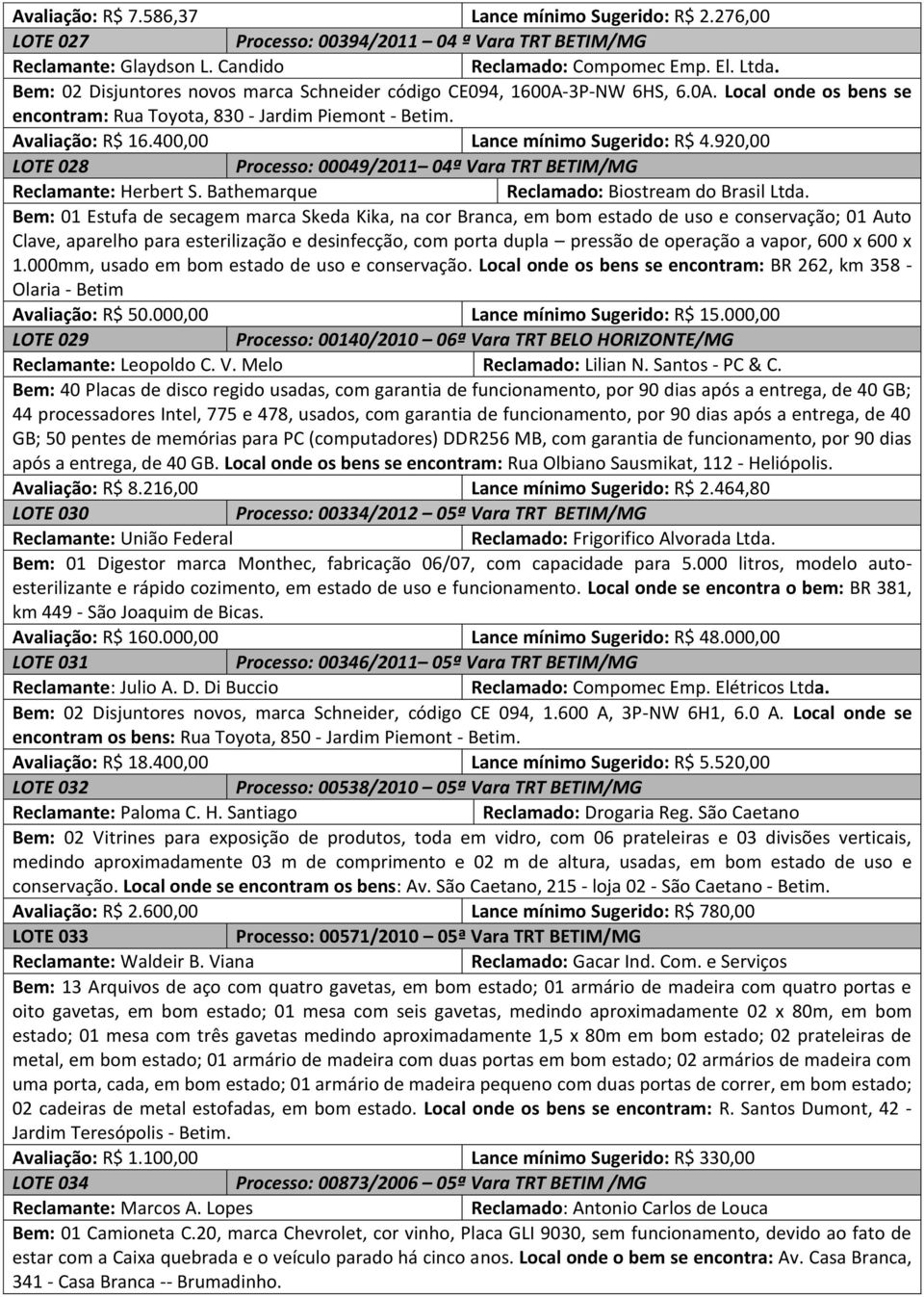 400,00 Lance mínimo Sugerido: R$ 4.920,00 LOTE 028 Processo: 00049/2011 04ª Vara TRT BETIM/MG Reclamante: Herbert S. Bathemarque Reclamado: Biostream do Brasil Ltda.