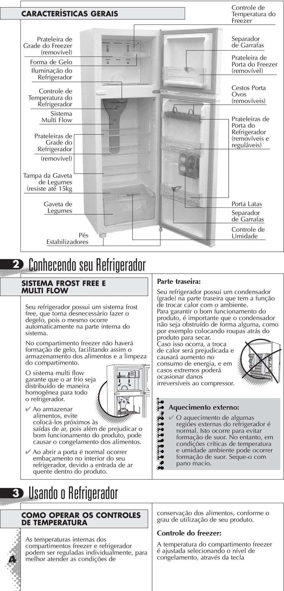 (removíveis e reguláveis) Tampa da Gaveta de Legumes (resiste até 15kg 2 3 4 Gaveta de Legumes Pés Estabilizadores Conhecendo seu Refrigerador SISTEMA FROST FREE E MULTI FLOW Seu refrigerador possui