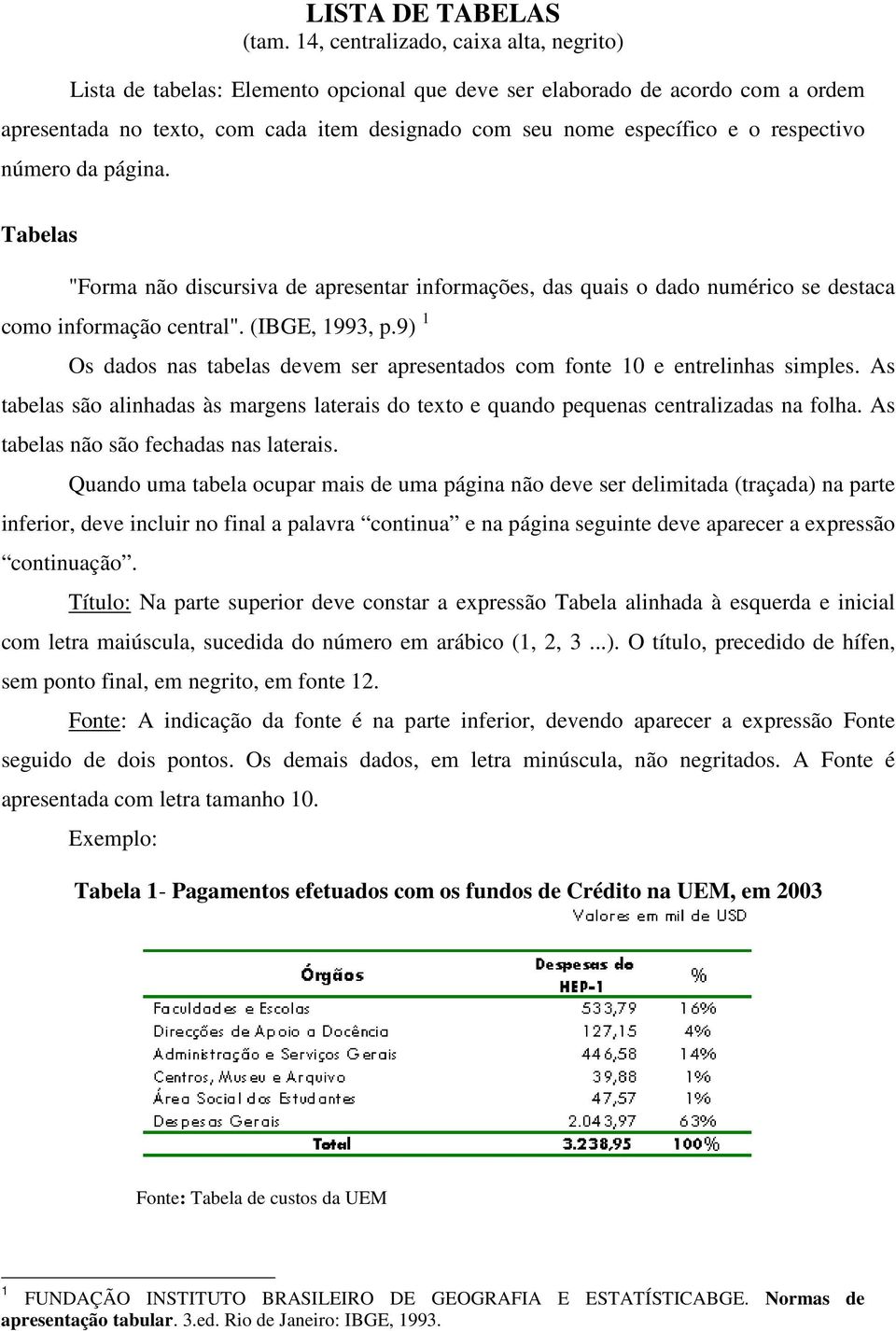 respectivo número da página. Tabelas "Forma não discursiva de apresentar informações, das quais o dado numérico se destaca como informação central". (IBGE, 1993, p.