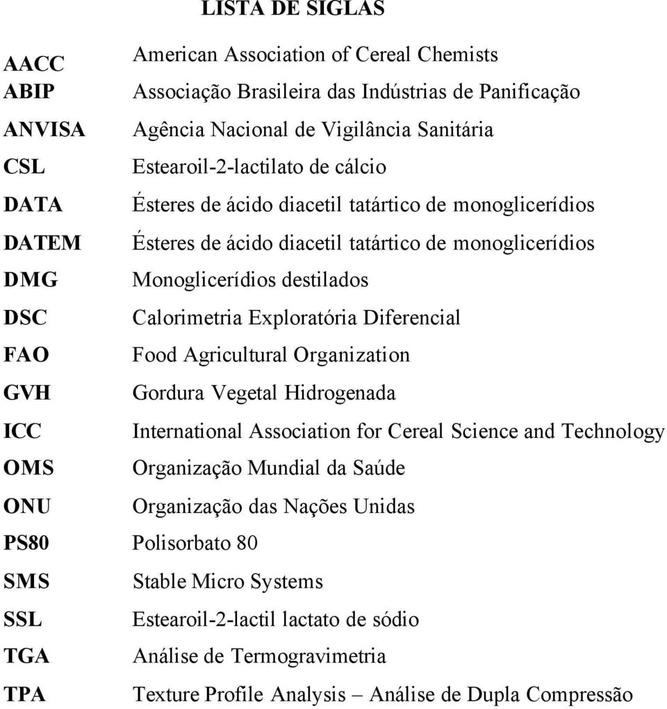 Diferencial FAO Food Agricultural Organization GVH Gordura Vegetal Hidrogenada ICC International Association for Cereal Science and Technology OMS Organização Mundial da Saúde ONU Organização