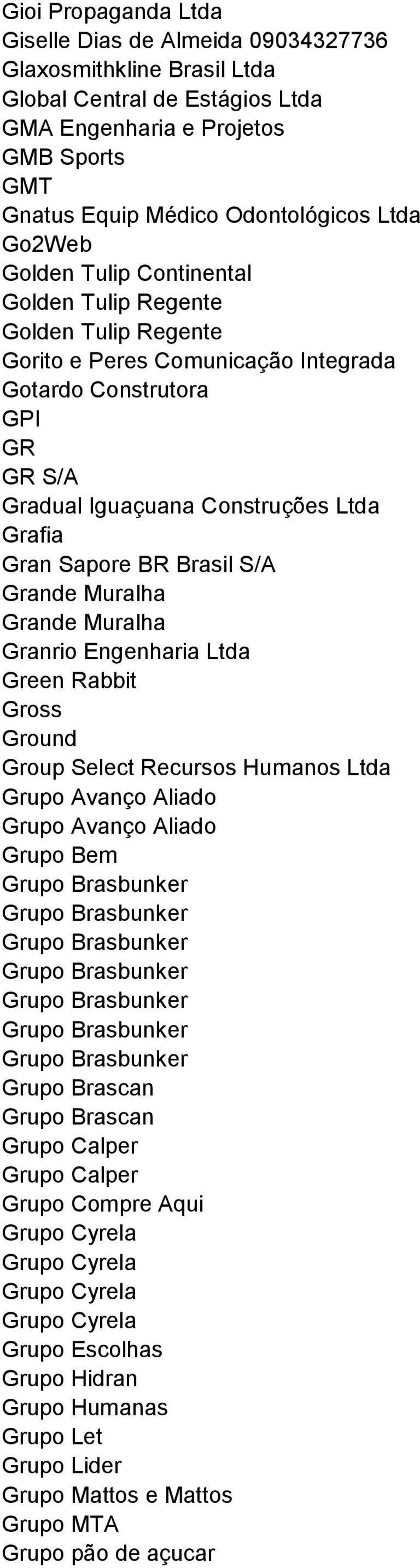 BR Brasil S/A Grande Muralha Grande Muralha Granrio Engenharia Ltda Green Rabbit Gross Ground Group Select Recursos Humanos Ltda Grupo Avanço Aliado Grupo Avanço Aliado Grupo Bem Grupo Brasbunker