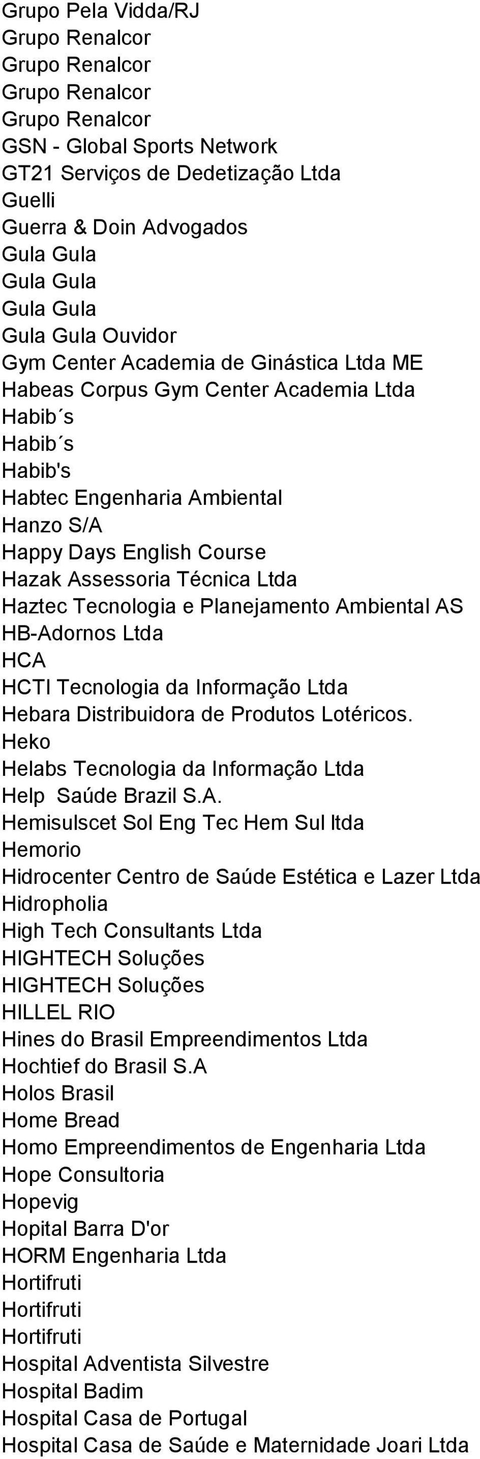 Assessoria Técnica Ltda Haztec Tecnologia e Planejamento Ambiental AS HB-Adornos Ltda HCA HCTI Tecnologia da Informação Ltda Hebara Distribuidora de Produtos Lotéricos.