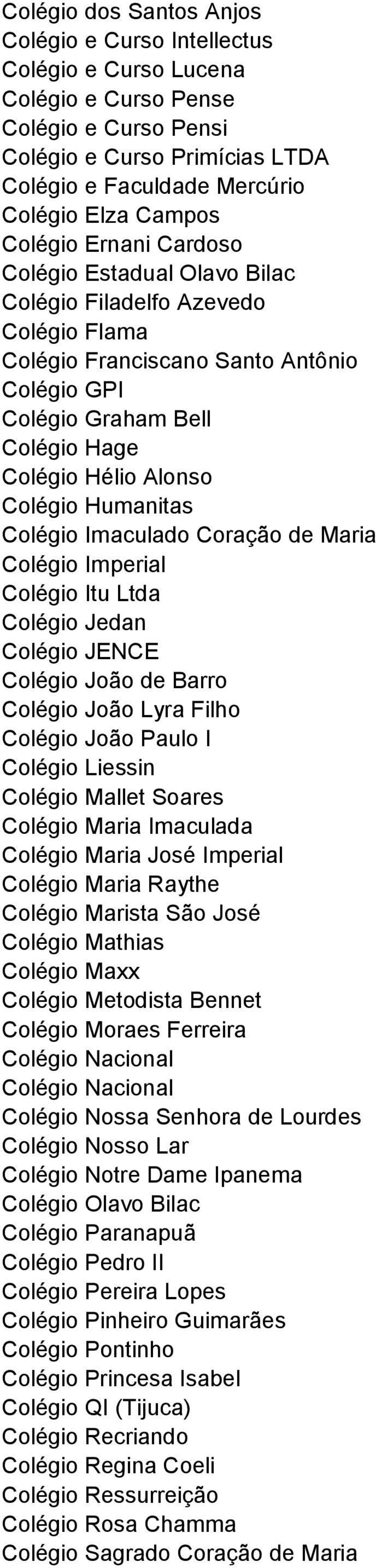 Humanitas Colégio Imaculado Coração de Maria Colégio Imperial Colégio Itu Ltda Colégio Jedan Colégio JENCE Colégio João de Barro Colégio João Lyra Filho Colégio João Paulo I Colégio Liessin Colégio