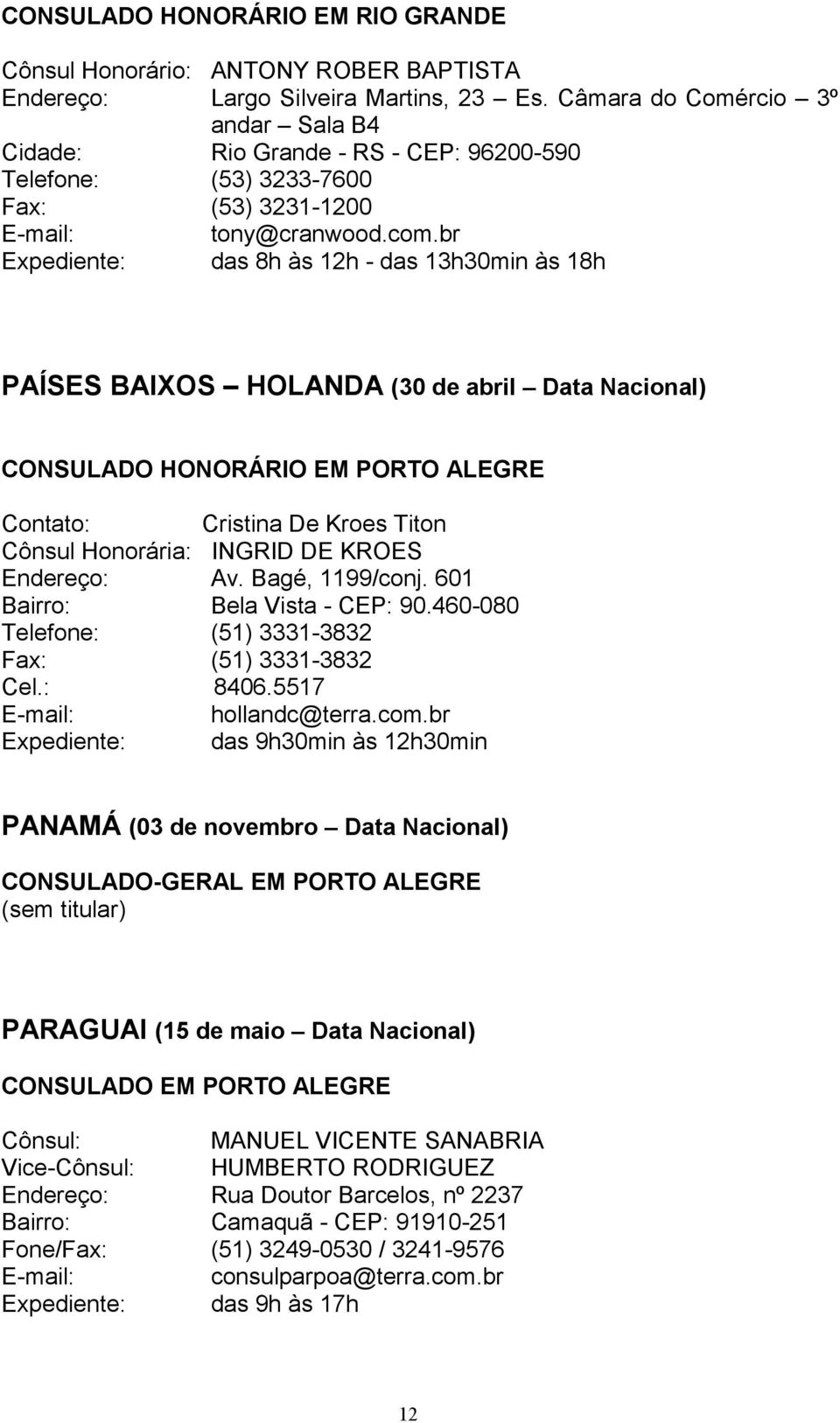 br das 8h às 12h - das 13h30min às 18h PAÍSES BAIXOS HOLANDA (30 de abril Data Nacional) Contato: Cristina De Kroes Titon Cônsul Honorária: INGRID DE KROES Endereço: Av. Bagé, 1199/conj.