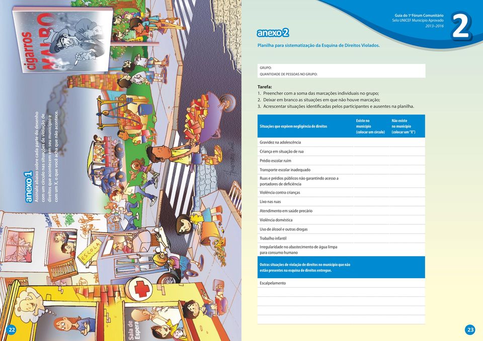 anexo 1 Assinale abaixo sobre cada parte do desenho com um círculo nas situações de violação de direitos que acontecem em seu município e com um X, o que você acha que não acontece.