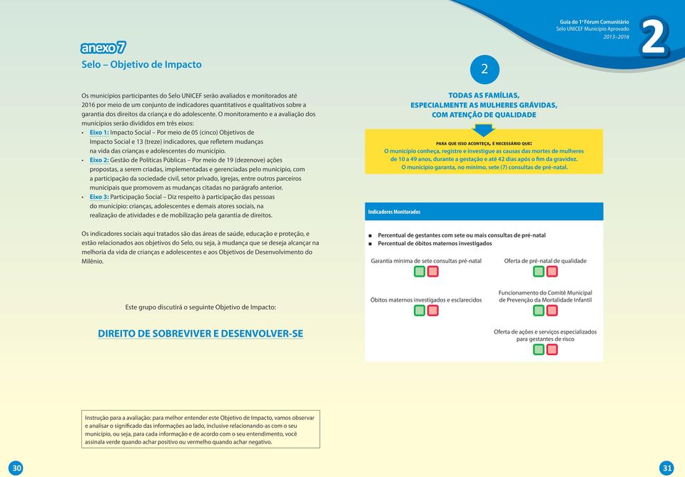 O monitoramento e a avaliação dos municípios serão divididos em três eixos: Eixo 1: Impacto Social Por meio de 05 (cinco) Objetivos de Impacto Social e 13 (treze) indicadores, que refletem mudanças