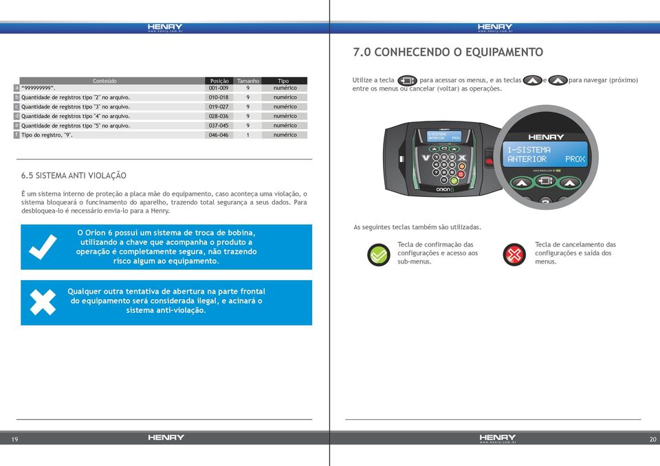 037-045 9 numérico f Tipo do registro, "9". 046-046 1 numérico Utilize a tecla para acessar os menus, e as teclas e para navegar (próximo) entre os menus ou cancelar (voltar) as operações. 6.