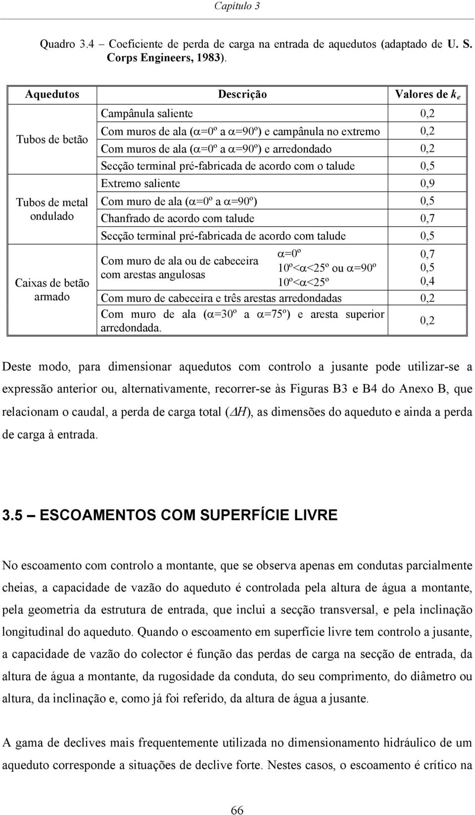 a α=90º) e arredondado 0, Secção terminal pré-fabricada de acordo com o talude 0,5 Extremo saliente 0,9 Com muro de ala (α=0º a α=90º) 0,5 Chanfrado de acordo com talude 0,7 Secção terminal