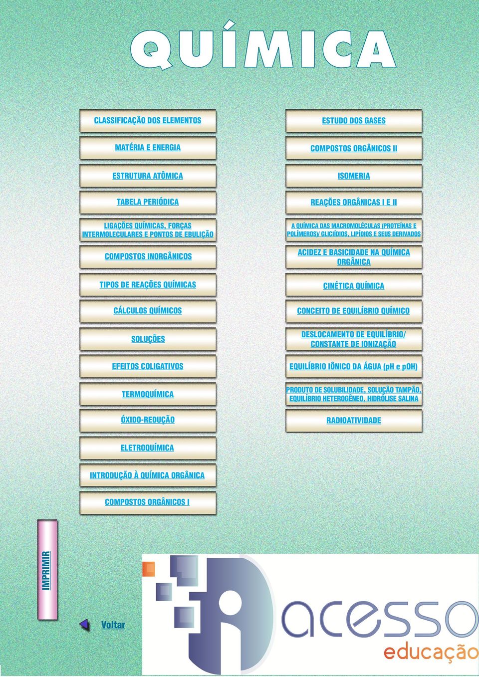 TIPS DE REAÇÕES QUÍMICAS CINÉTICA QUÍMICA CÁLCULS QUÍMICS CNCEIT DE EQUILÍBRI QUÍMIC SLUÇÕES DESLCAMENT DE EQUILÍBRI/ CNSTANTE DE INIZAÇÃ EFEITS CLIGATIVS EQUILÍBRI IÔNIC DA