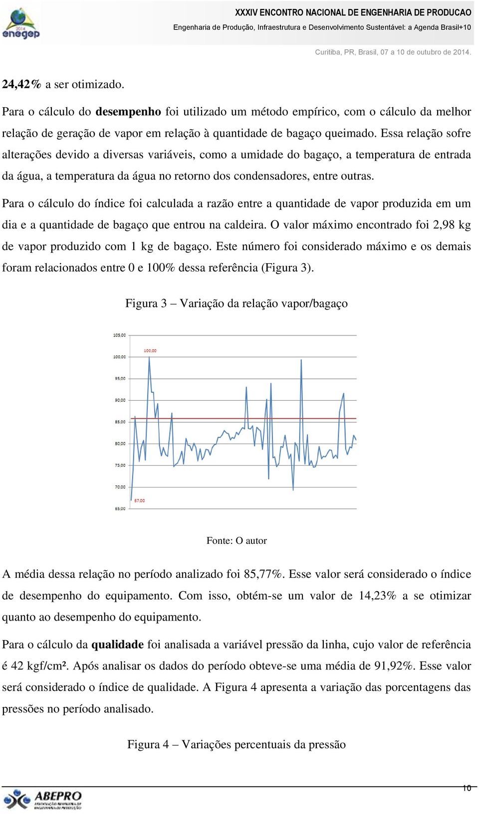 Para o cálculo do índice foi calculada a razão entre a quantidade de vapor produzida em um dia e a quantidade de bagaço que entrou na caldeira.