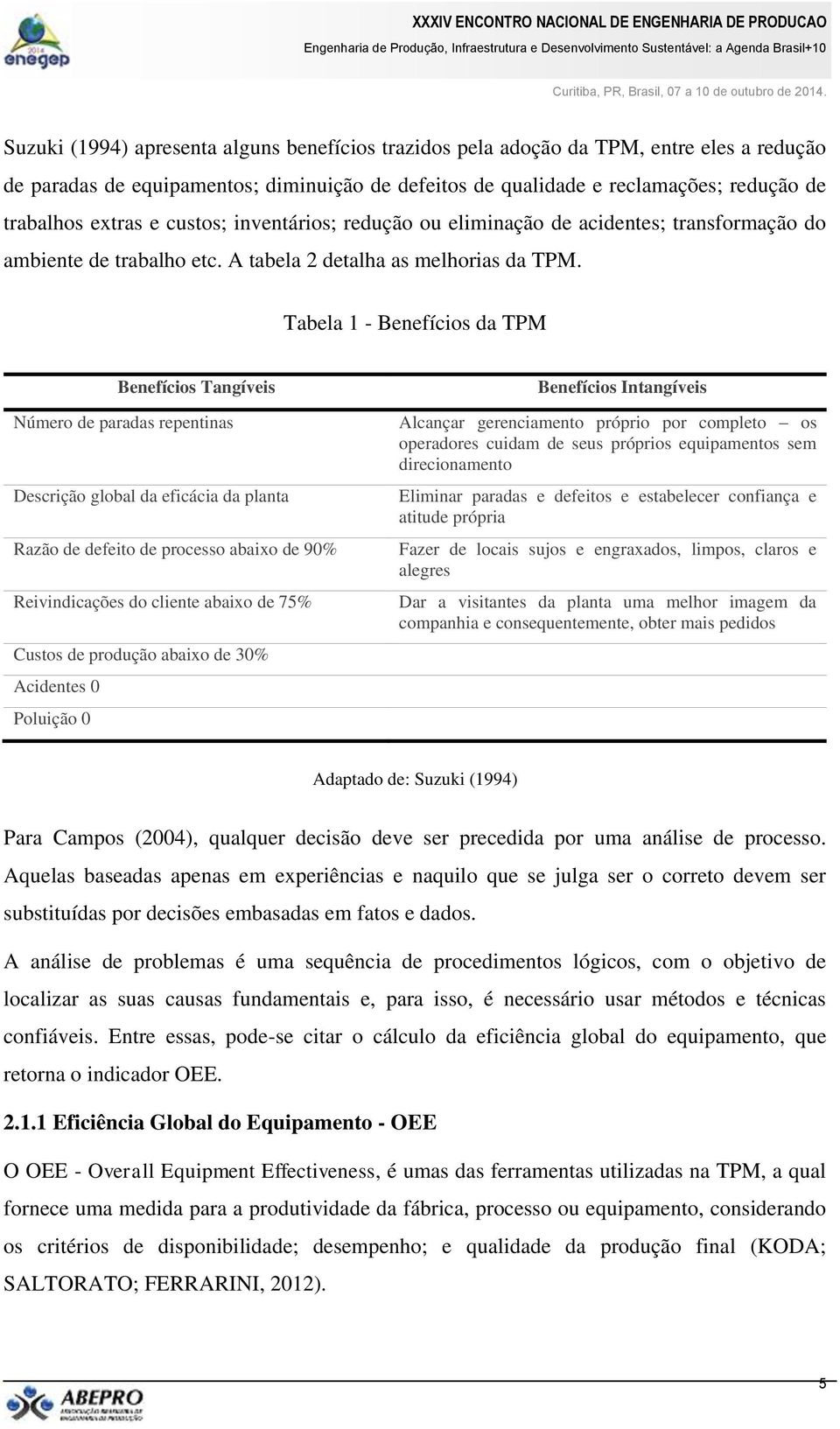 Tabela 1 - Benefícios da TPM Benefícios Tangíveis Número de paradas repentinas Descrição global da eficácia da planta Razão de defeito de processo abaixo de 90% Reivindicações do cliente abaixo de