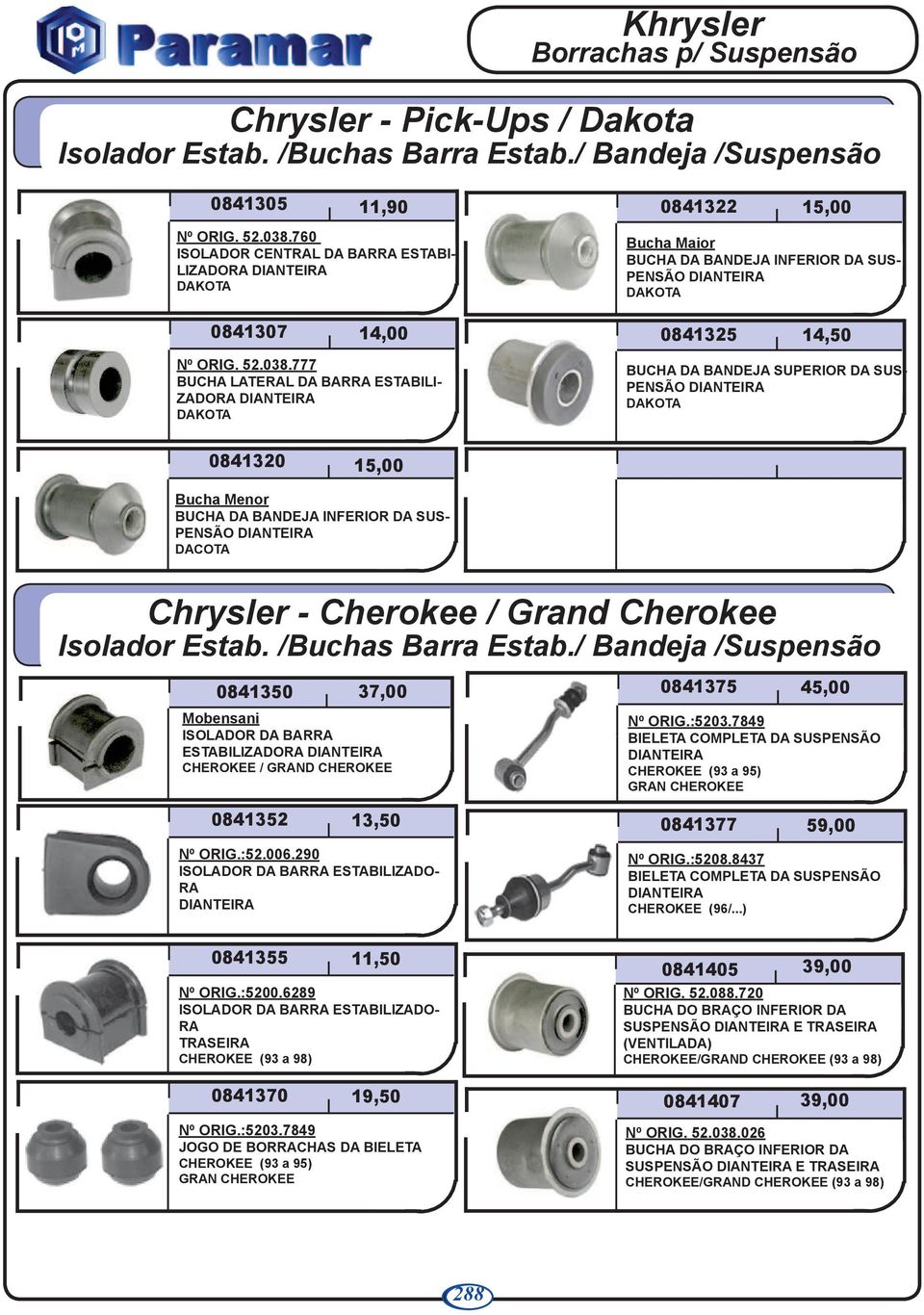 777 BUCHA LATERAL DA BARRA ESTABILI- ZADORA DAKOTA BUCHA DA BANDEJA SUPERIOR DA SUS- PENSÃO DAKOTA 0841320 15,00 Bucha Menor BUCHA DA BANDEJA INFERIOR DA SUS- PENSÃO DACOTA Chrysler - Cherokee /