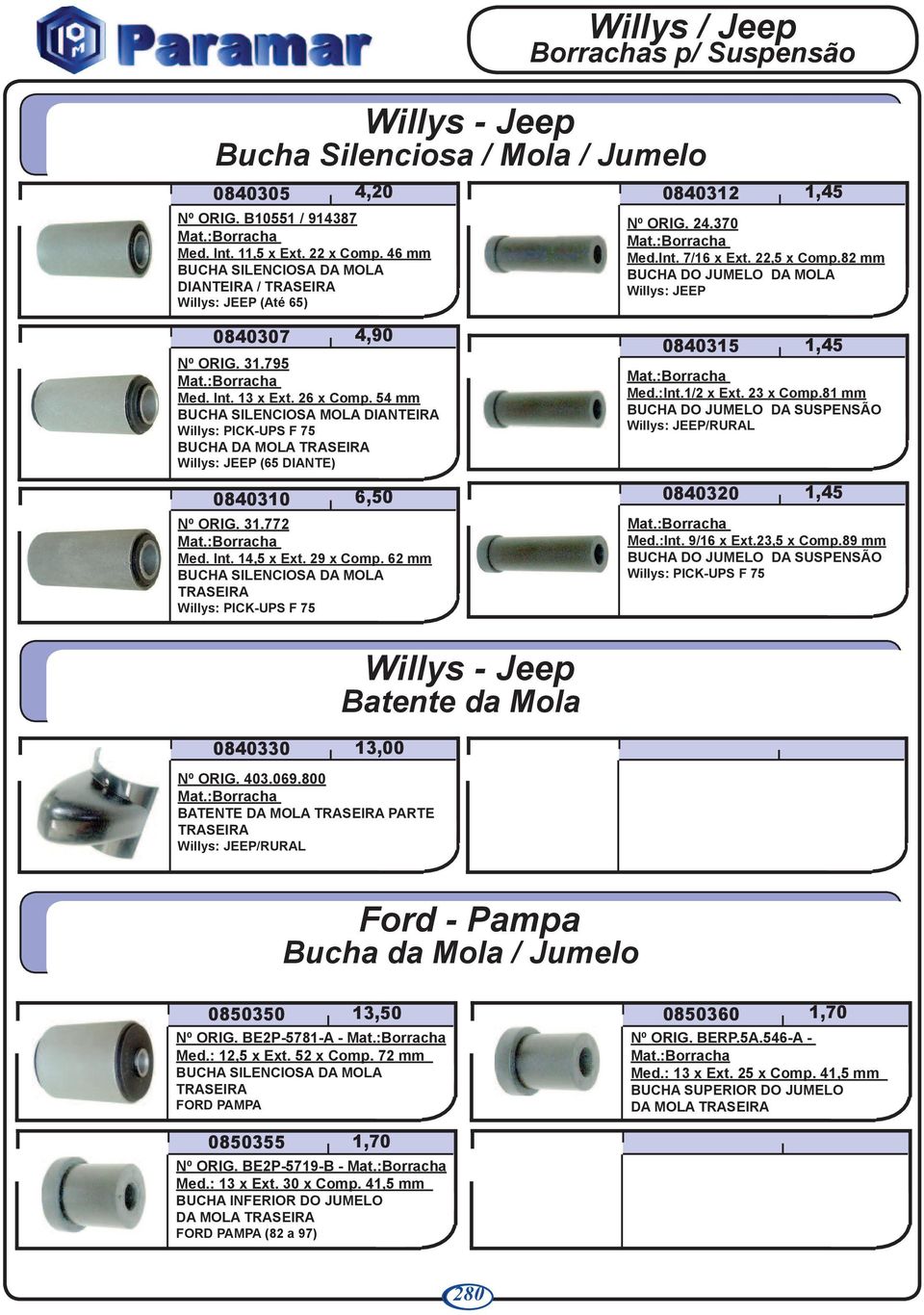 13 x Ext. 26 x Comp. 54 mm BUCHA SILENCIOSA MOLA Willys: PICK-UPS F 75 BUCHA DA MOLA Willys: JEEP (65 DIANTE) 0840310 4,90 6,50 Nº ORIG. 31.772 Med. Int. 14,5 x Ext. 29 x Comp.