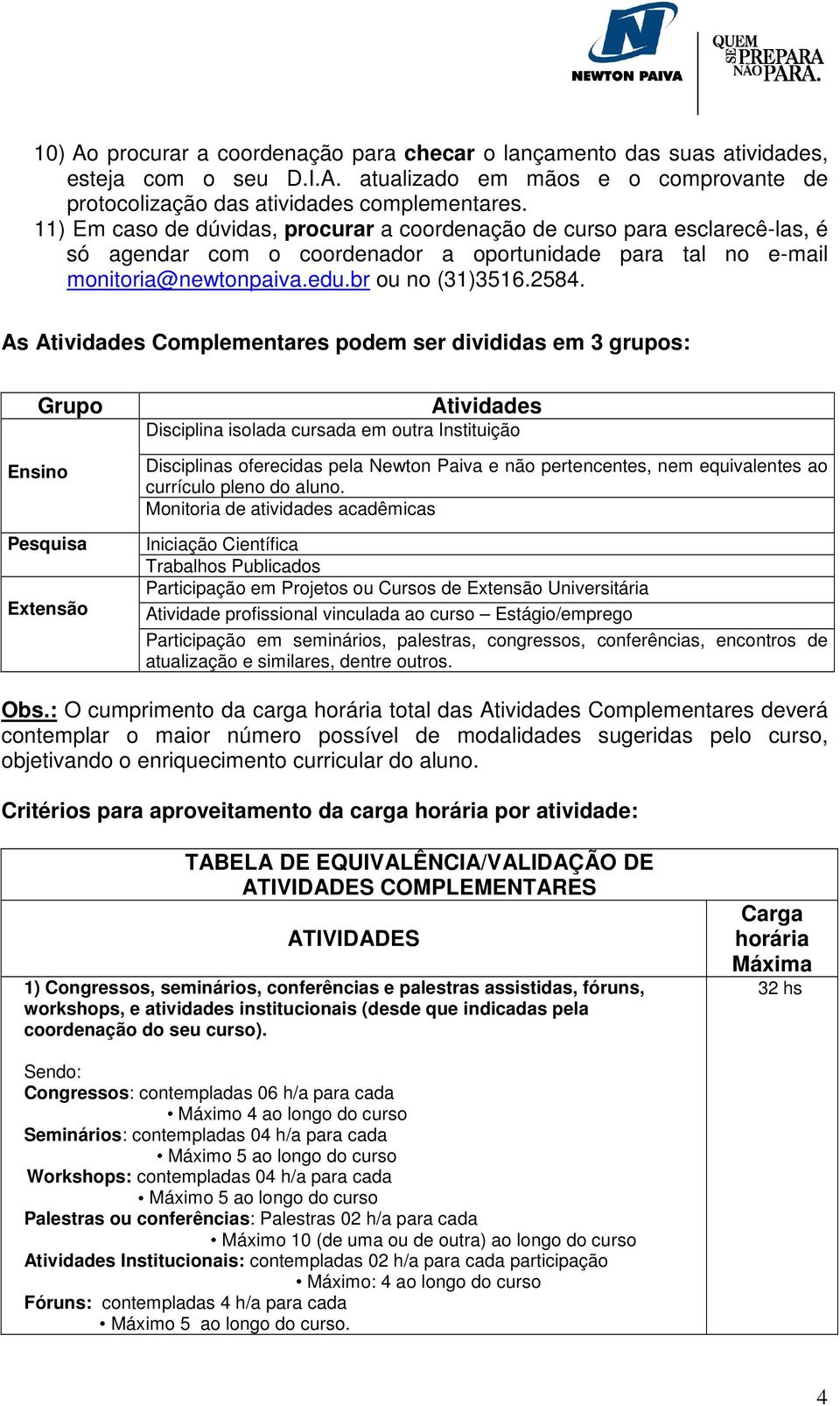 As Atividades Complementares podem ser divididas em 3 grupos: Grupo Ensino Pesquisa Extensão Atividades Disciplina isolada cursada em outra Instituição Disciplinas oferecidas pela Newton Paiva e não