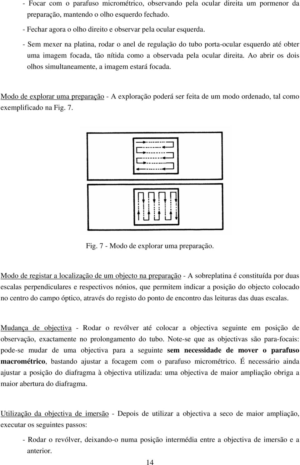 Ao abrir os dois olhos simultaneamente, a imagem estará focada. Modo de explorar uma preparação - A exploração poderá ser feita de um modo ordenado, tal como exemplificado na Fig.