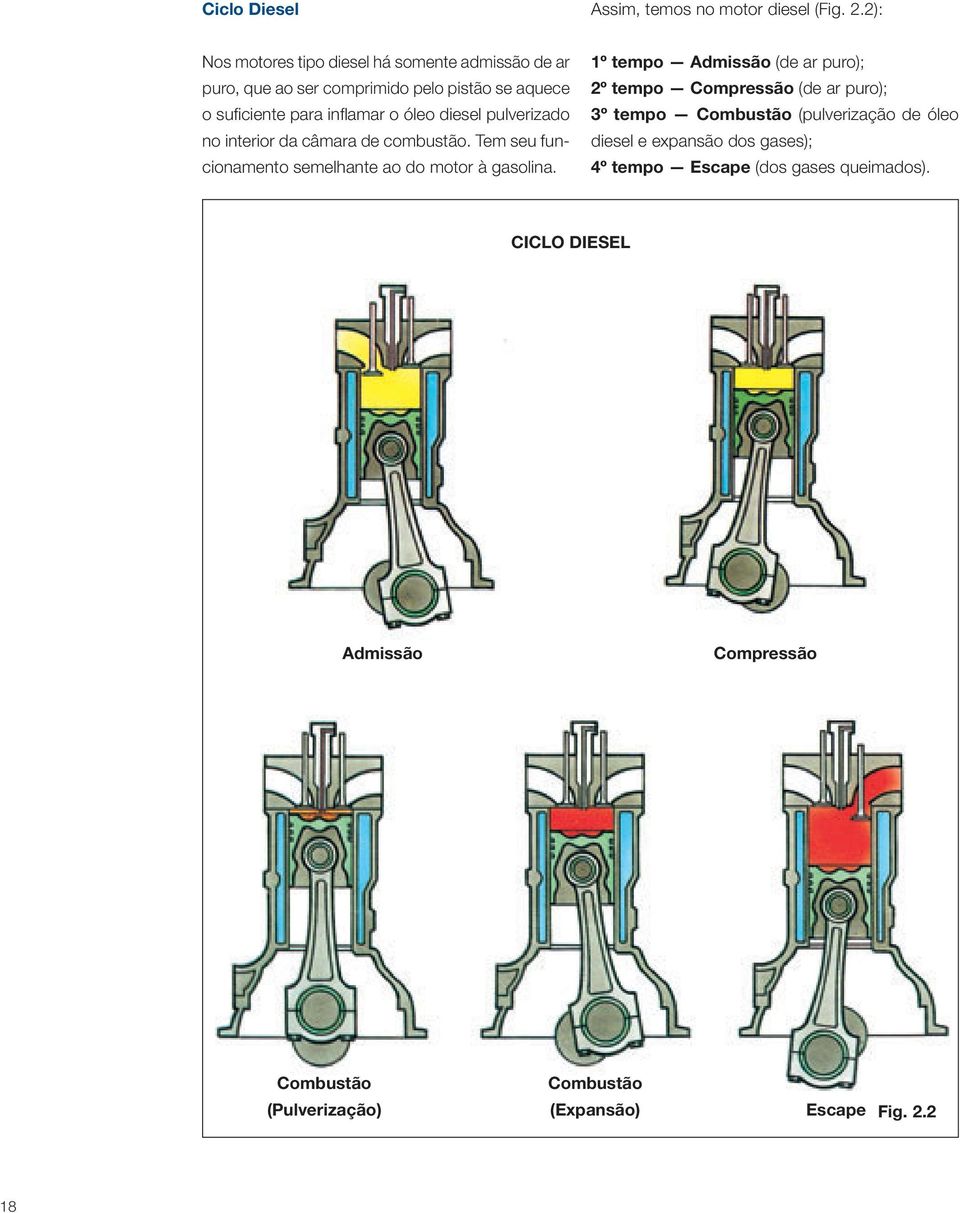 diesel pulverizado no interior da câmara de combustão. Tem seu funcionamento semelhante ao do motor à gasolina.