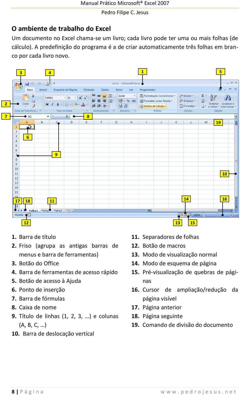 Friso (agrupa as antigas barras de menus e barra de ferramentas) 3. Botão do Office 4. Barra de ferramentas de acesso rápido 5. Botão de acesso à Ajuda 6. Ponto de inserção 7. Barra de fórmulas 8.