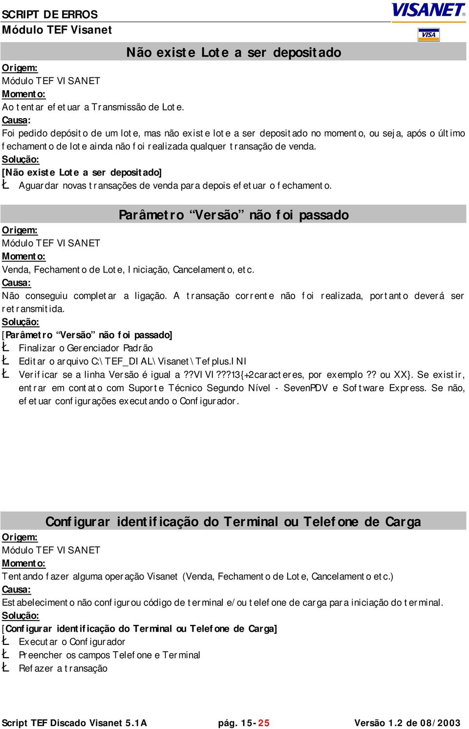 [Não existe Lote a ser depositado] Ł Aguardar novas transações de venda para depois efetuar o fechamento. Parâmetro Versão não foi passado Venda, Fechamento de Lote, Iniciação, Cancelamento, etc.