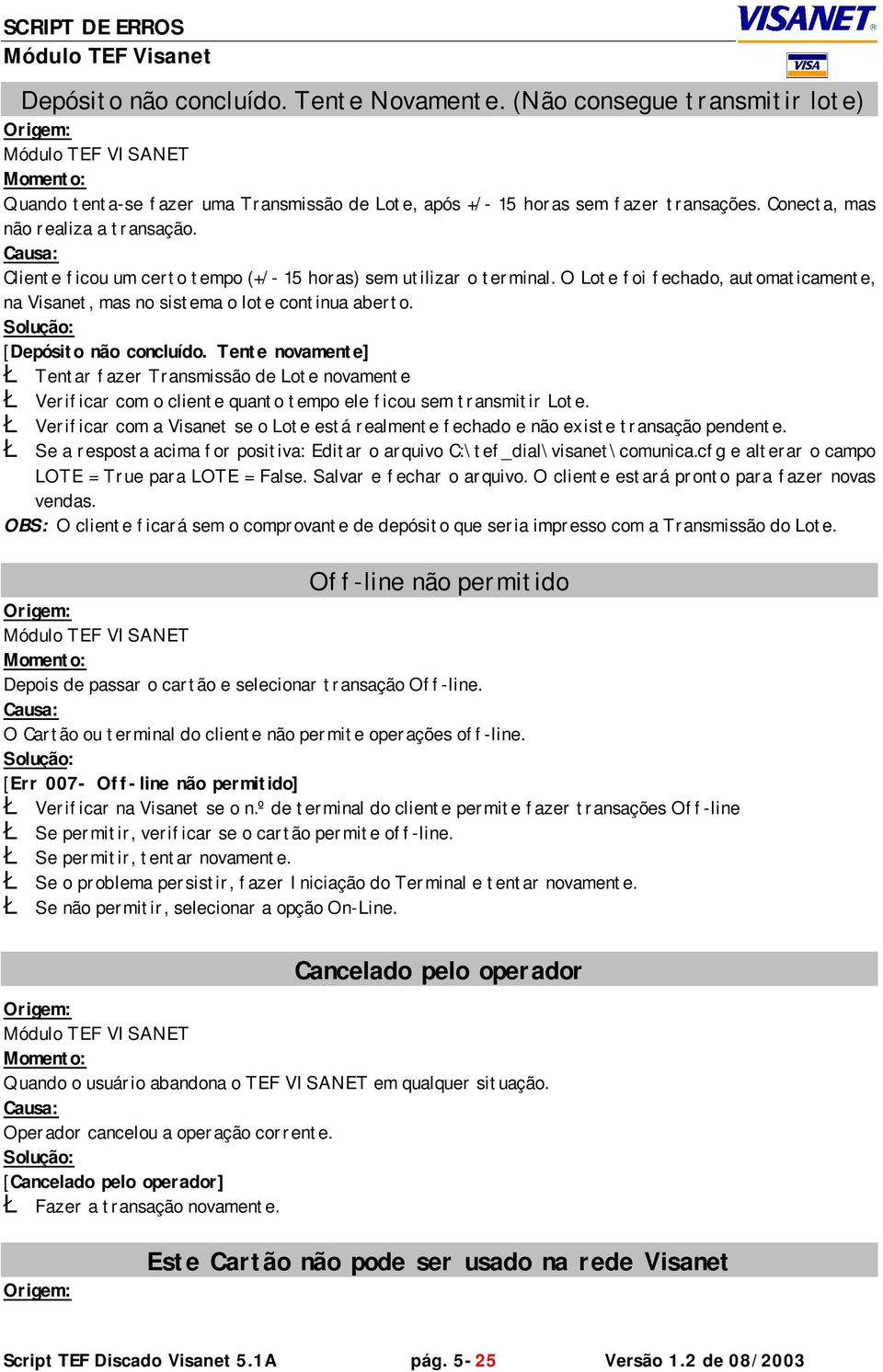 Tente novamente] Ł Tentar fazer Transmissão de Lote novamente Ł Verificar com o cliente quanto tempo ele ficou sem transmitir Lote.