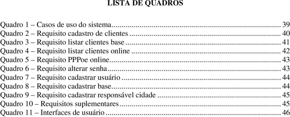 .. 42 Quadro 5 Requisito PPPoe online... 43 Quadro 6 Requisito alterar senha... 43 Quadro 7 Requisito cadastrar usuário.