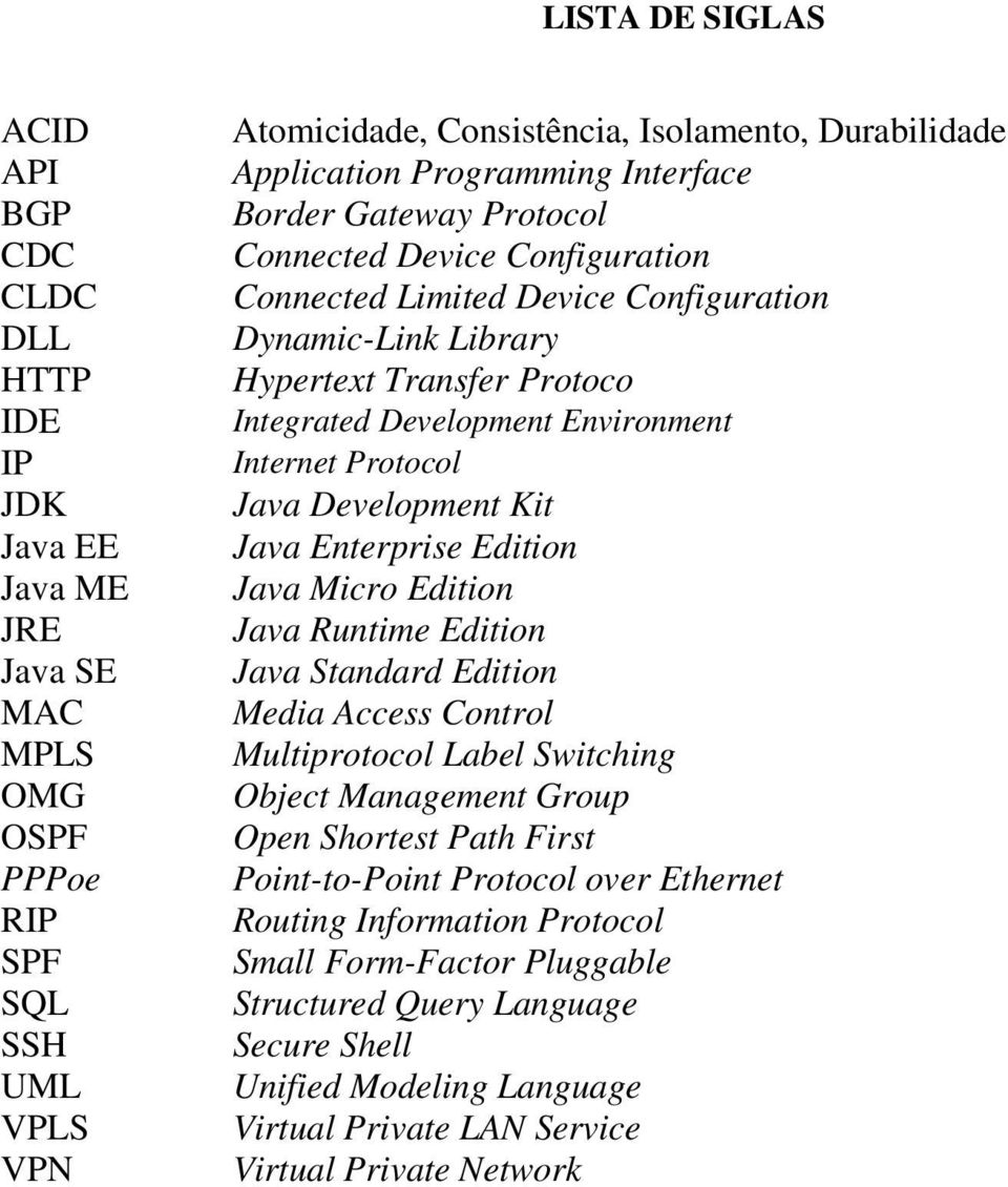 Environment Internet Protocol Java Development Kit Java Enterprise Edition Java Micro Edition Java Runtime Edition Java Standard Edition Media Access Control Multiprotocol Label Switching Object