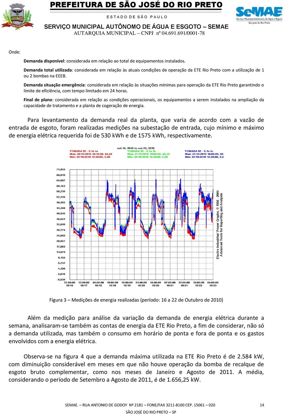 Demanda situação emergência: considerada em relação às situações mínimas para operação da ETE Rio Preto garantindo o limite de eficiência, com tempo limitado em 24 horas.