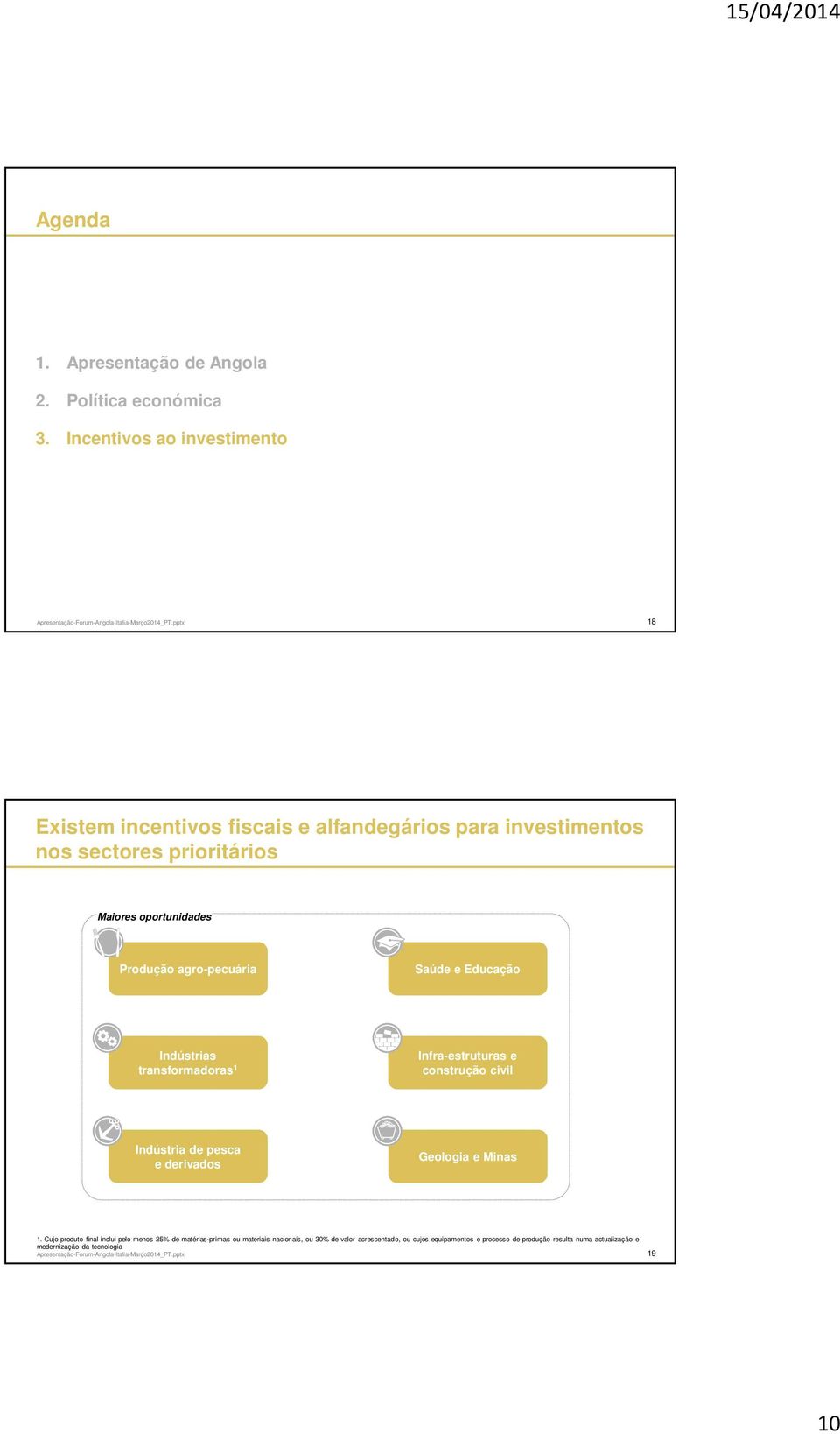 Indústrias transformadoras 1 Infra-estruturas e construção civil Indústria de pesca e derivados Geologia e Minas 1.