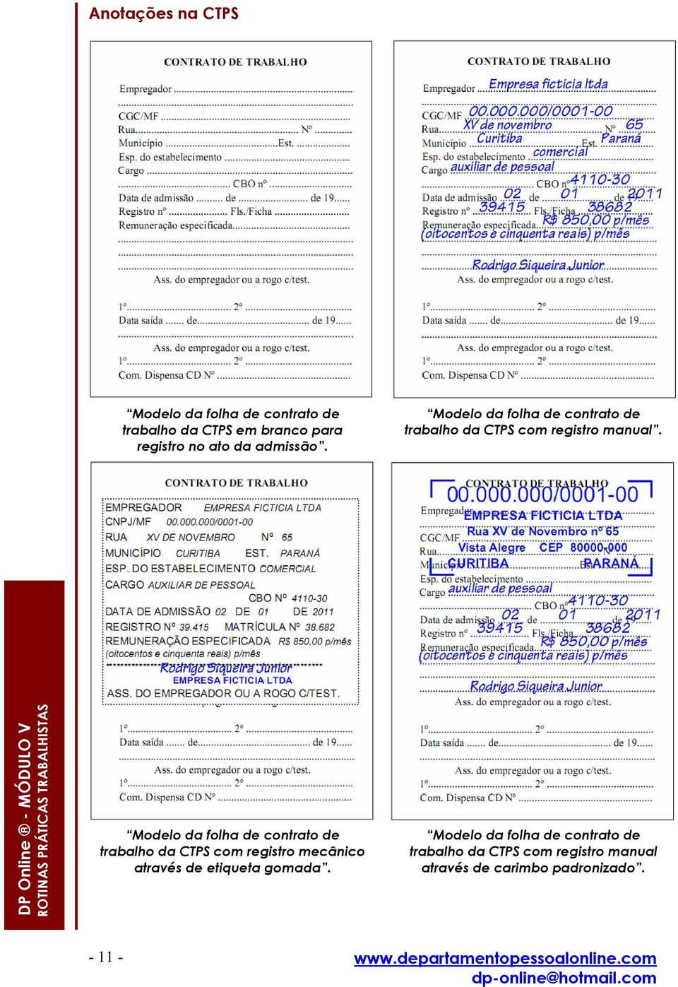 Modelo da folha de contrato de trabalho da CTPS com registro mecânico através de etiqueta