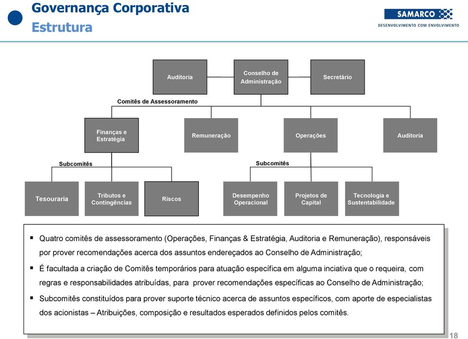 responsáveis por prover recomendações acerca dos assuntos endereçados ao Conselho de Administração; É facultada a criação de Comitês temporários para atuação específica em alguma inciativa que o