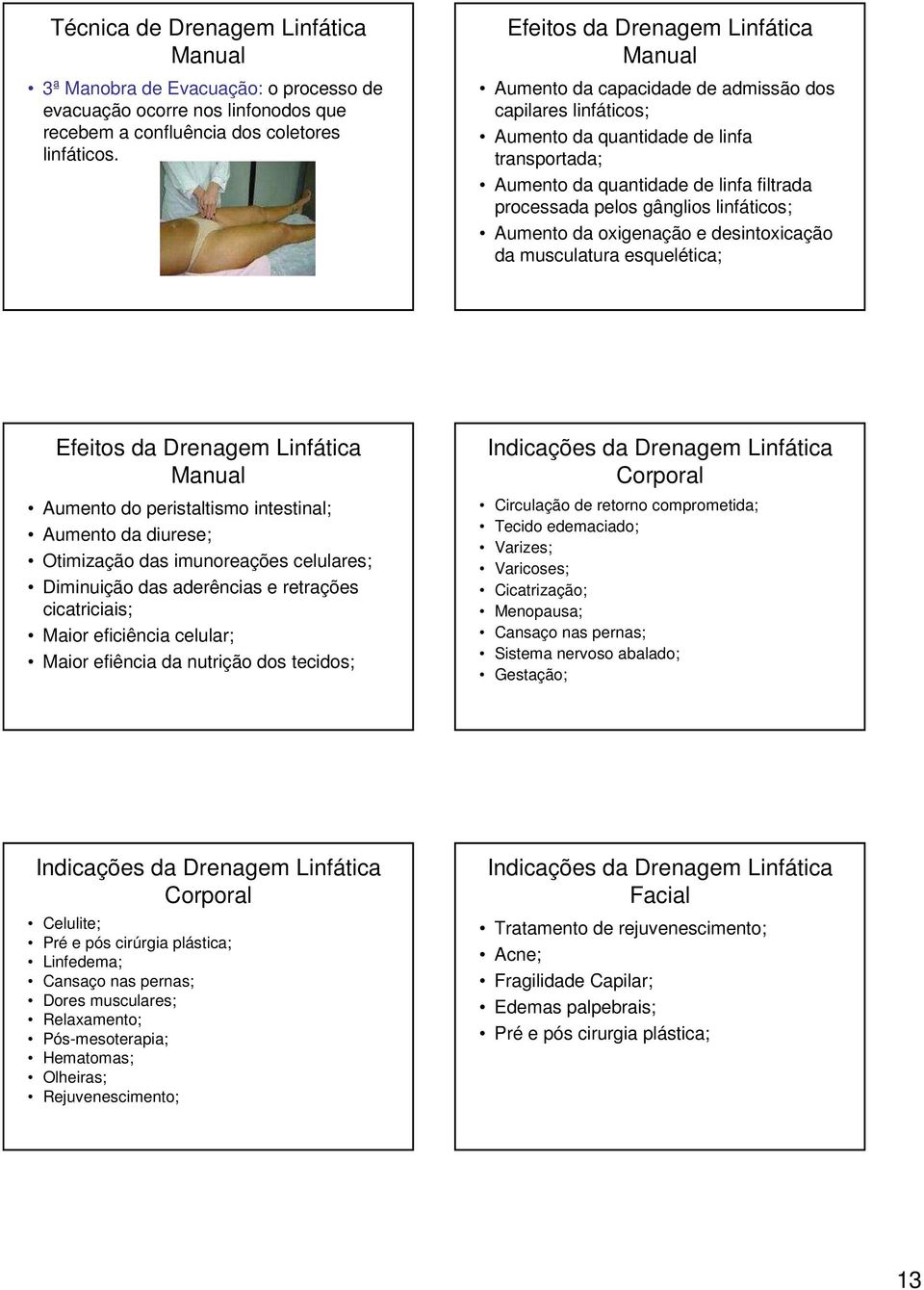 gânglios linfáticos; Aumento da oxigenação e desintoxicação da musculatura esquelética; Efeitos da Drenagem Linfática Manual Aumento do peristaltismo intestinal; Aumento da diurese; Otimização das