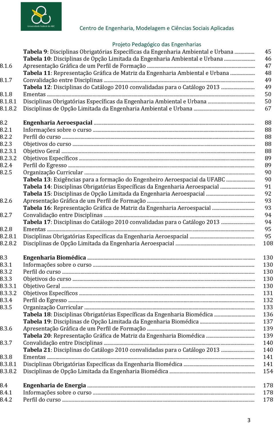 .. 49 Tabela 12: Disciplinas do Catálogo 2010 convalidadas para o Catálogo 2013... 49 8.1.8 Ementas... 50 8.1.8.1 Disciplinas Obrigatórias Específicas da Engenharia Ambiental e Urbana... 50 8.1.8.2 Disciplinas de Opção Limitada da Engenharia Ambiental e Urbana.