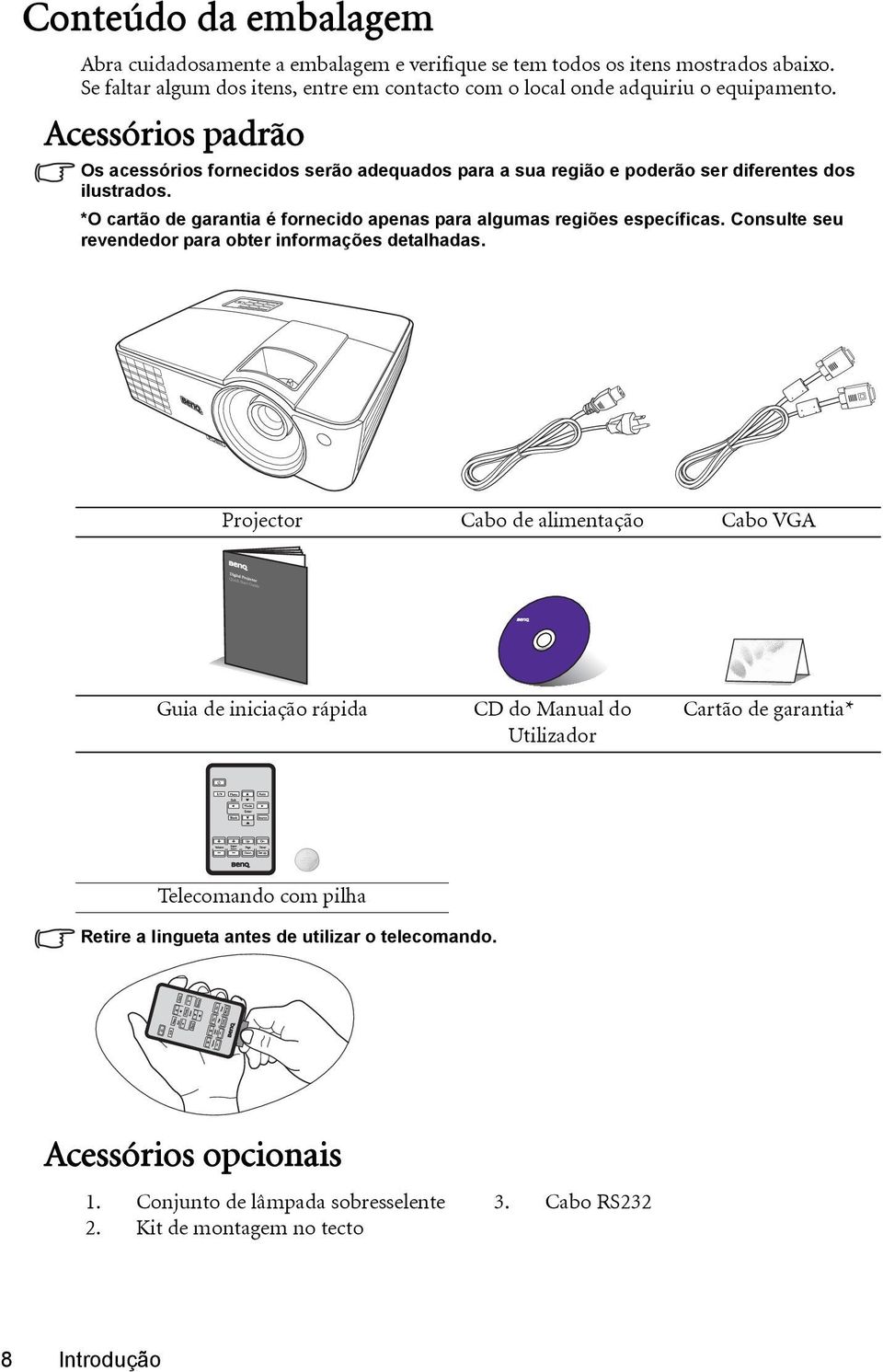 Acessórios padrão Os acessórios fornecidos serão adequados para a sua região e poderão ser diferentes dos ilustrados.