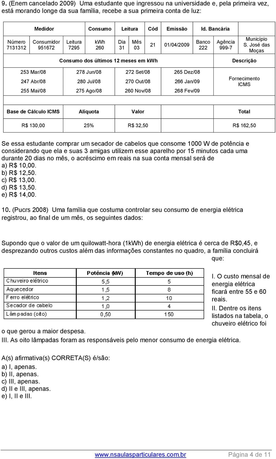 José das Moças Consumo dos últimos 12 meses em kwh Descrição 253 Mar/08 278 Jun/08 272 Set/08 265 Dez/08 247 Abr/08 280 Jul/08 270 Out/08 266 Jan/09 255 Mai/08 275 Ago/08 260 Nov/08 268 Fev/09