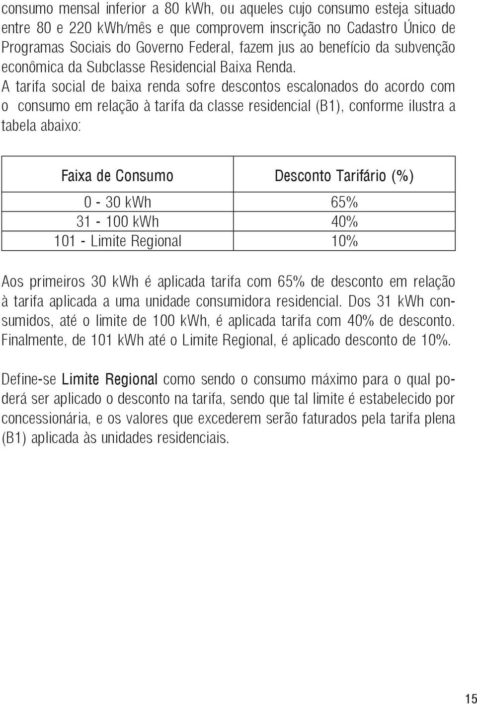 A tarifa social de baixa renda sofre descontos escalonados do acordo com o consumo em relação à tarifa da classe residencial (B1), conforme ilustra a tabela abaixo: Faixa de Consumo Desconto