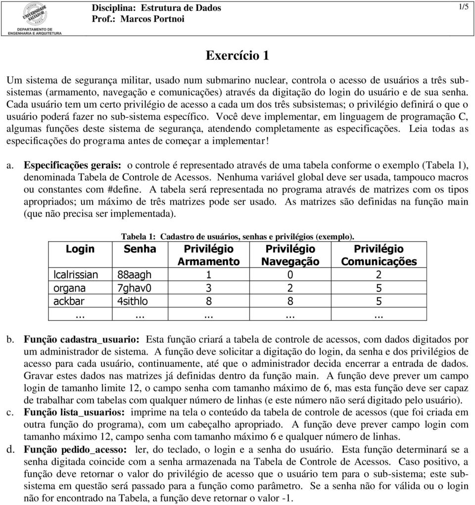 Você deve implementar, em linguagem de programação C, algumas funções deste sistema de segurança, atendendo completamente as especificações.