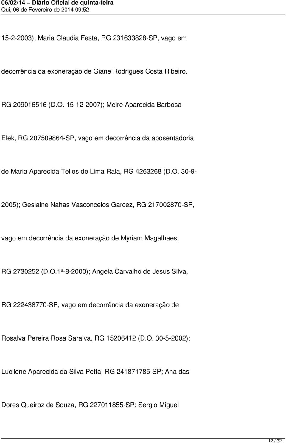 30-9- 2005); Geslaine Nahas Vasconcelos Garcez, RG 217002870-SP, vago em decorrência da exoneração de Myriam Magalhaes, RG 2730252 (D.O.