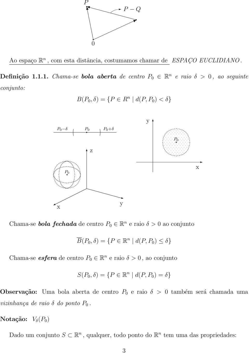 fechada de centro P 0 R n e raio δ > 0 ao conjunto B(P 0, δ) = {P R n d(p, P 0 ) δ} Chama-se esfera de centro P 0 R n e raio δ > 0, ao conjunto S(P 0, δ) = {P R