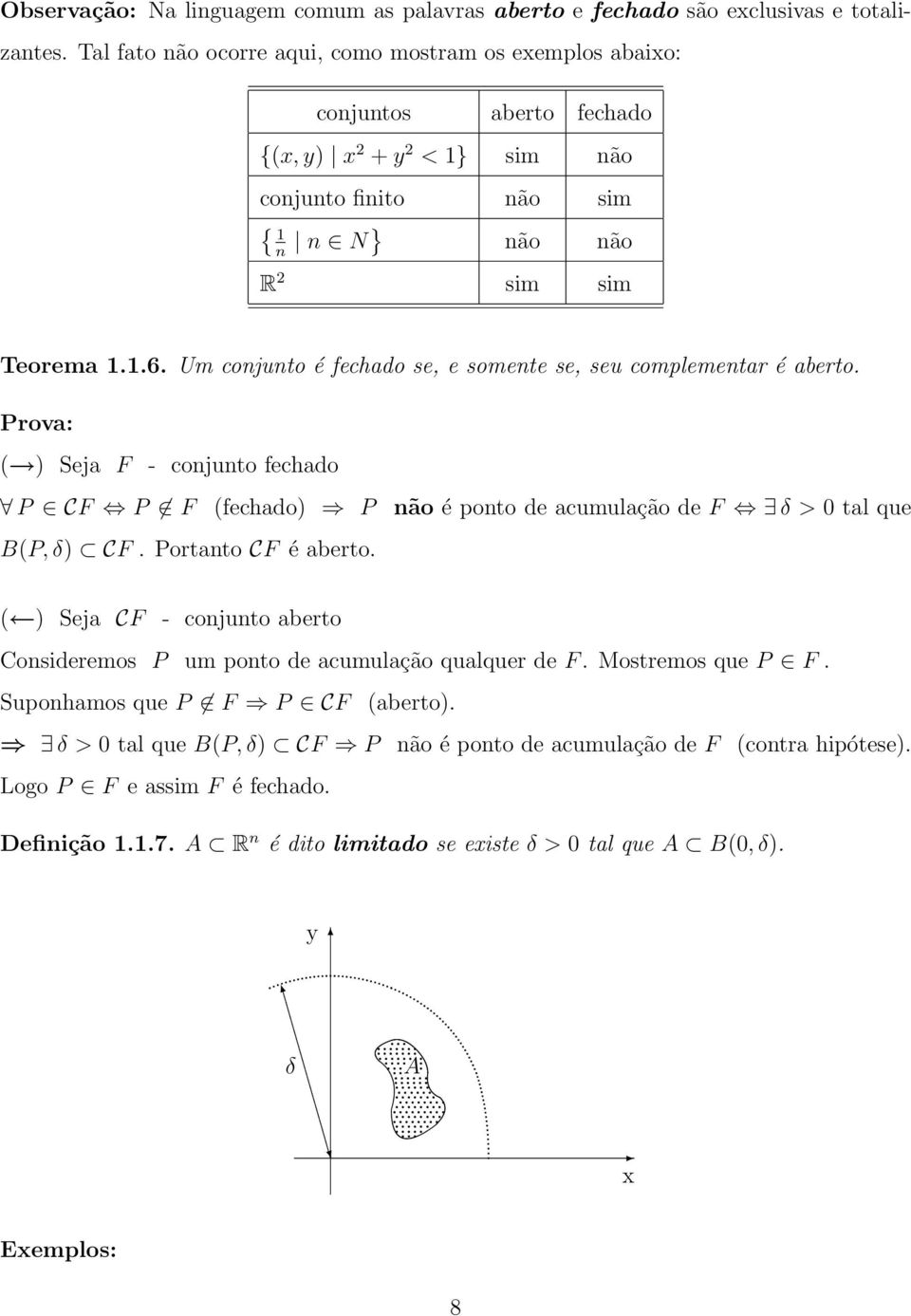 Um conjunto é fechado se, e somente se, seu complementar é aberto. Prova: ( ) Seja F - conjunto fechado P CF P F (fechado) P não é ponto de acumulação de F δ > 0 tal que B(P, δ) CF.